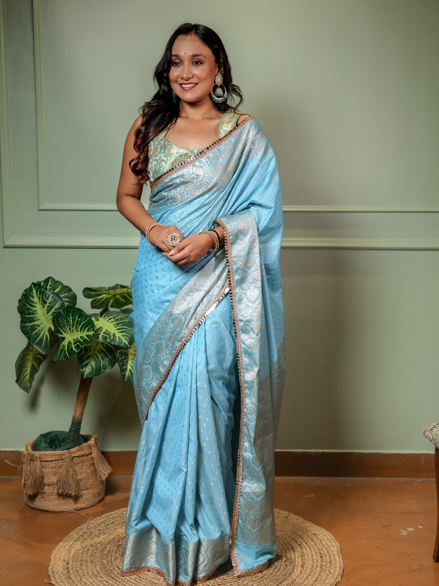 Banarasi Semi Silk Saree With Buti Weaving & Lace Border - Aqua Blue
