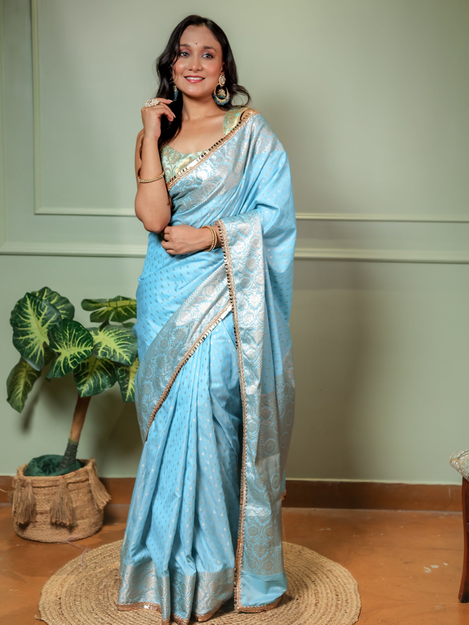 Banarasi Semi Silk Saree With Buti Weaving & Lace Border - Aqua Blue