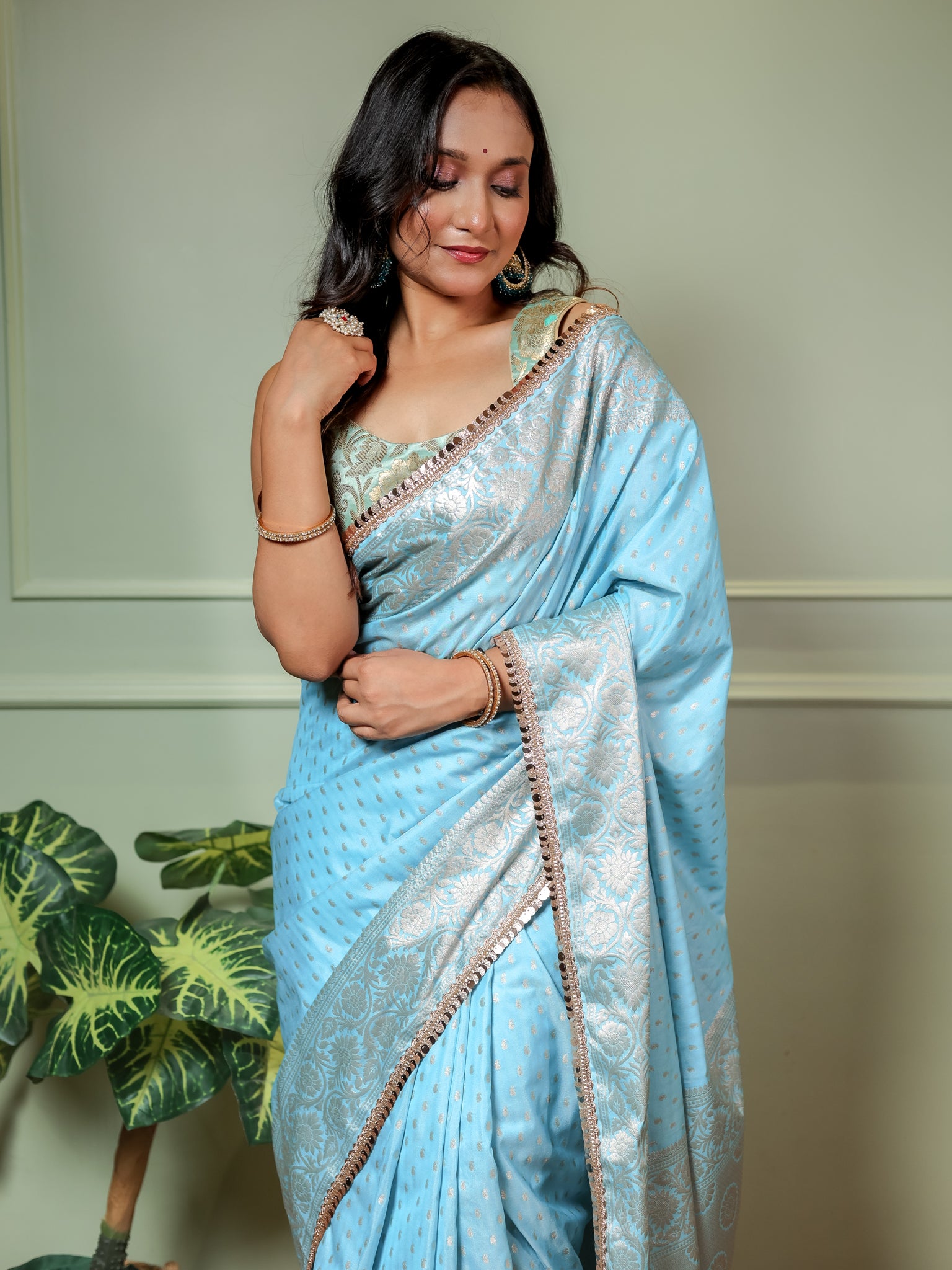 Banarasi Semi Silk Saree With Buti Weaving & Lace Border - Aqua Blue