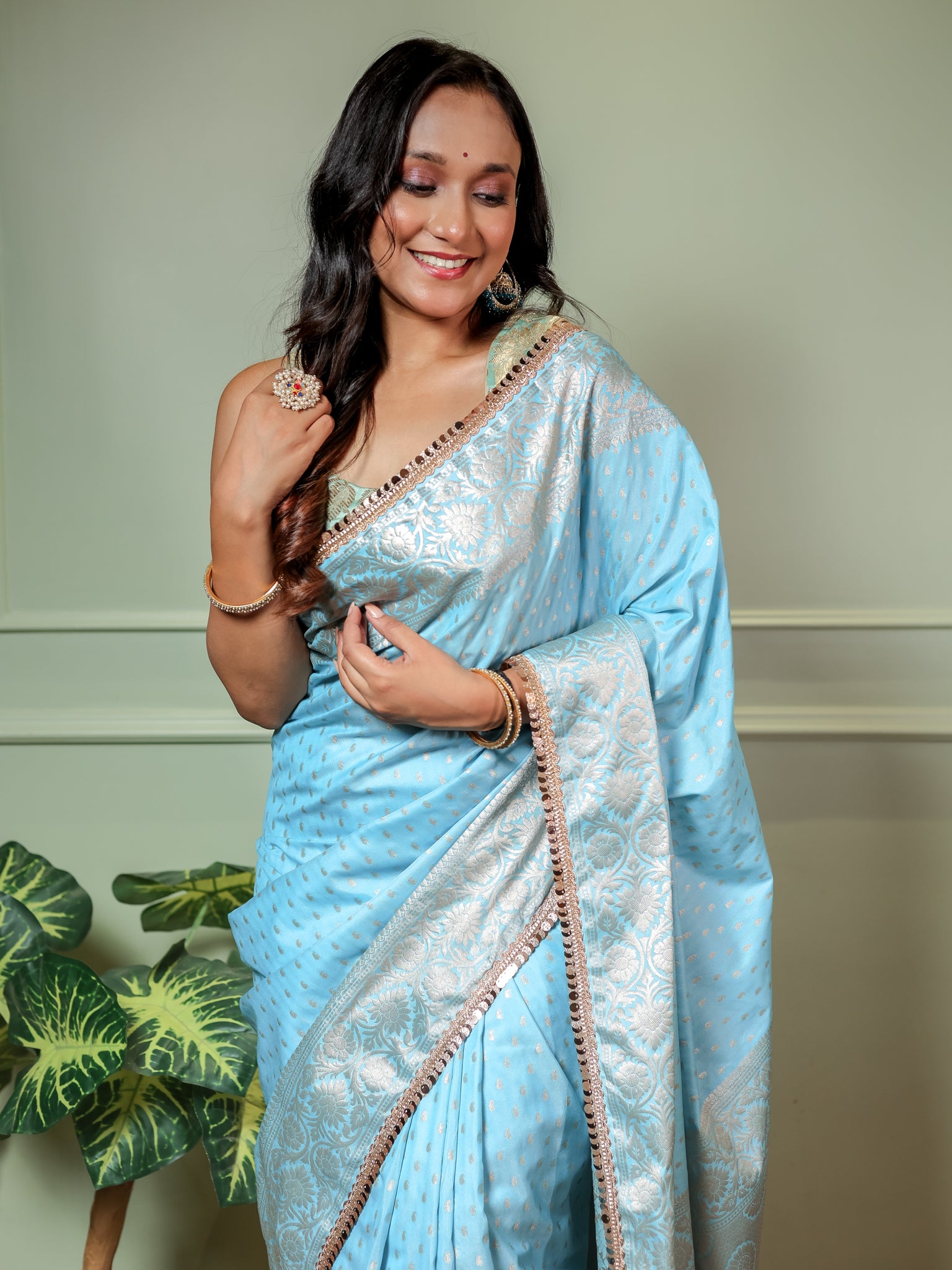 Banarasi Semi Silk Saree With Buti Weaving & Lace Border - Aqua Blue