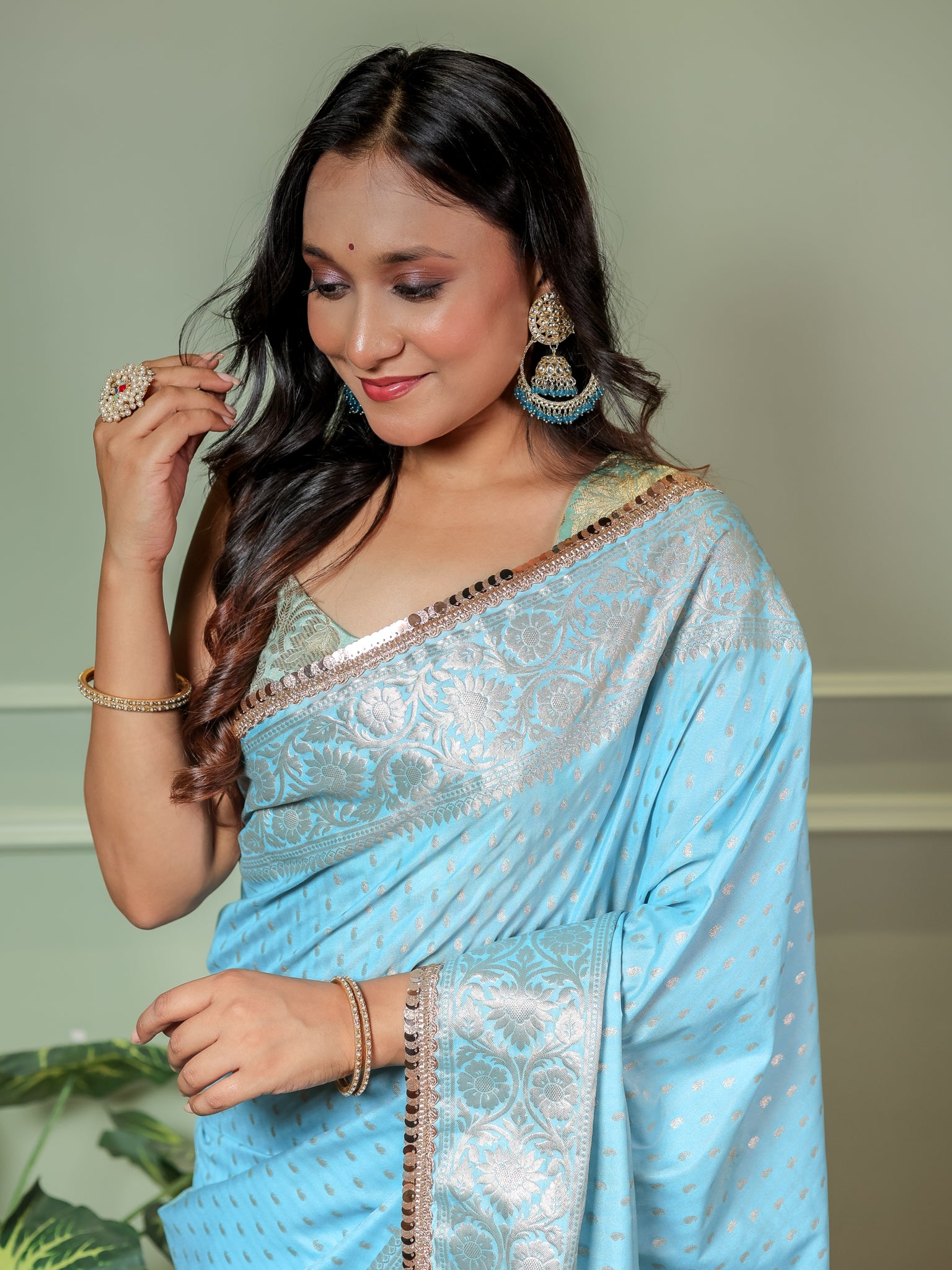 Banarasi Semi Silk Saree With Buti Weaving & Lace Border - Aqua Blue