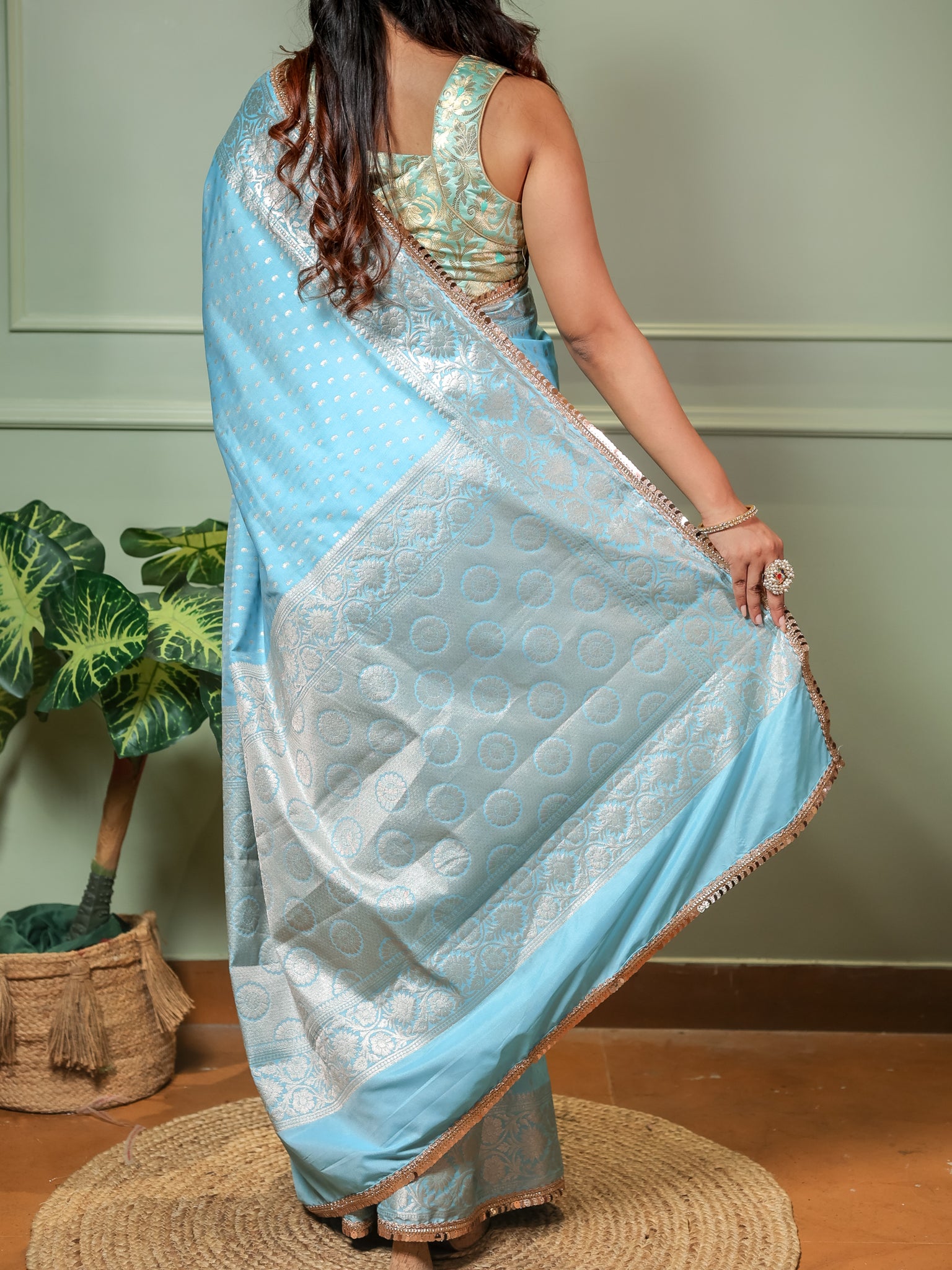 Banarasi Semi Silk Saree With Buti Weaving & Lace Border - Aqua Blue