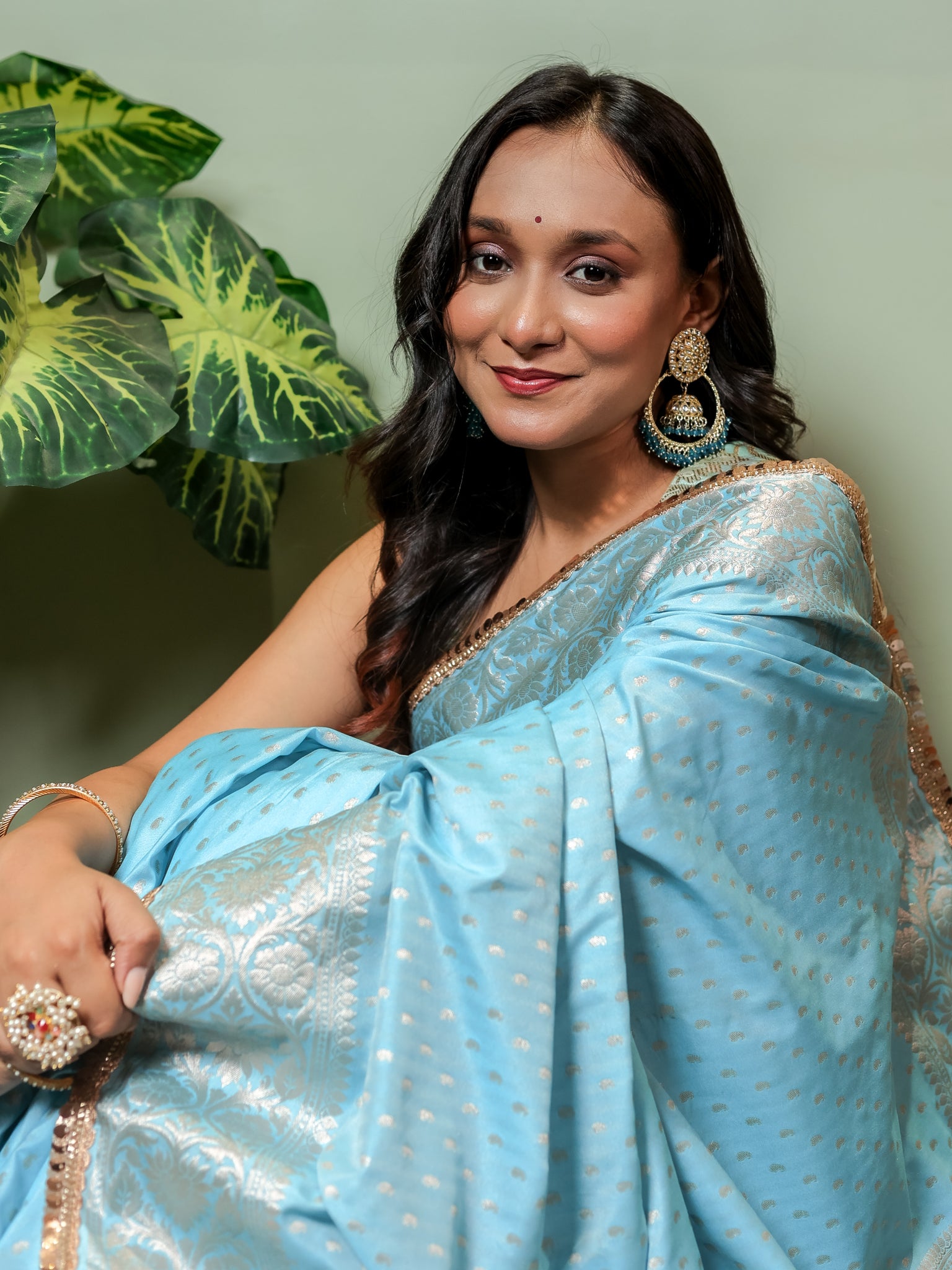 Banarasi Semi Silk Saree With Buti Weaving & Lace Border - Aqua Blue