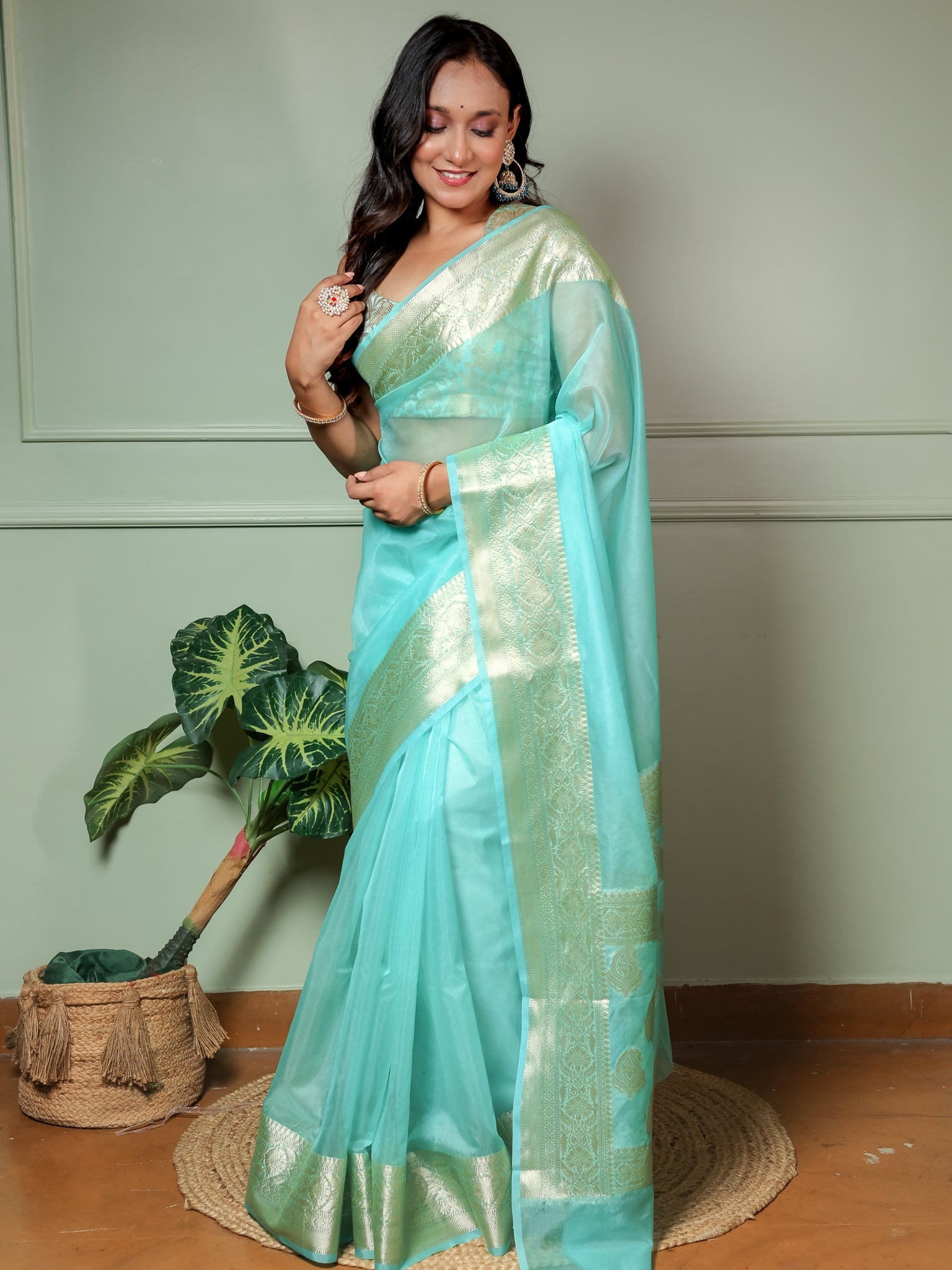 Banarasi Plain Organza Saree With Zari Border- Sky Blue