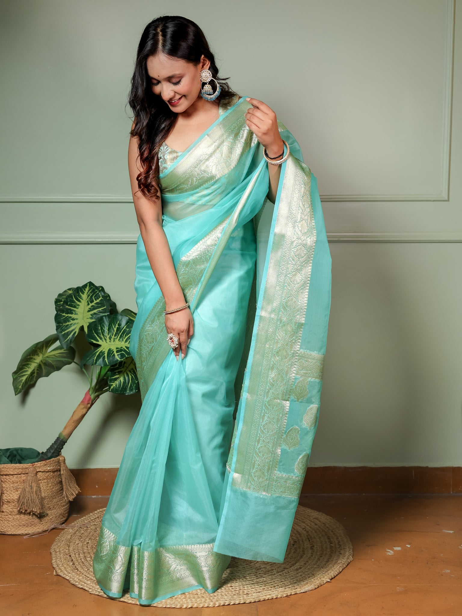 Banarasi Plain Organza Saree With Zari Border- Sky Blue