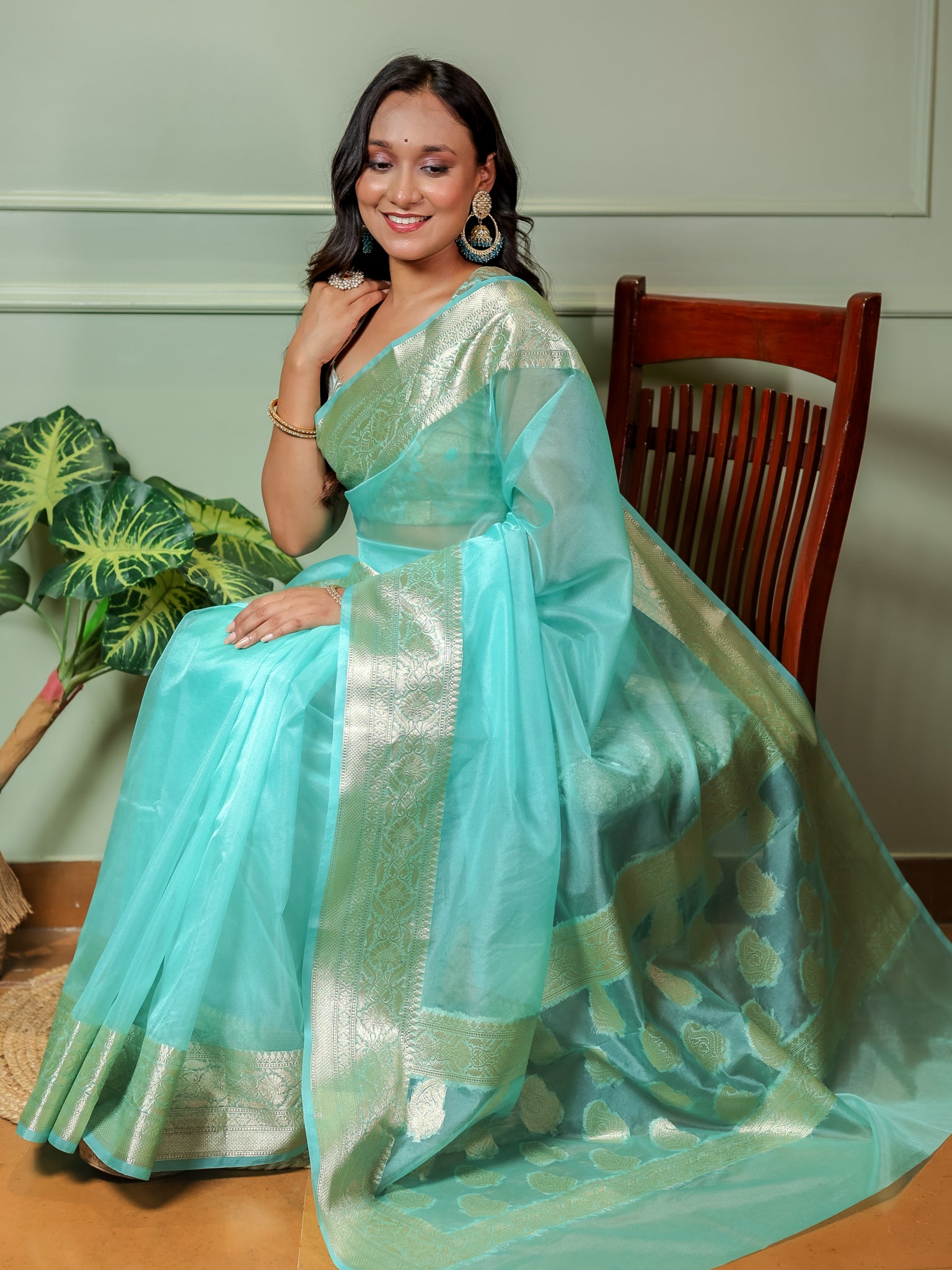 Banarasi Plain Organza Saree With Zari Border- Sky Blue