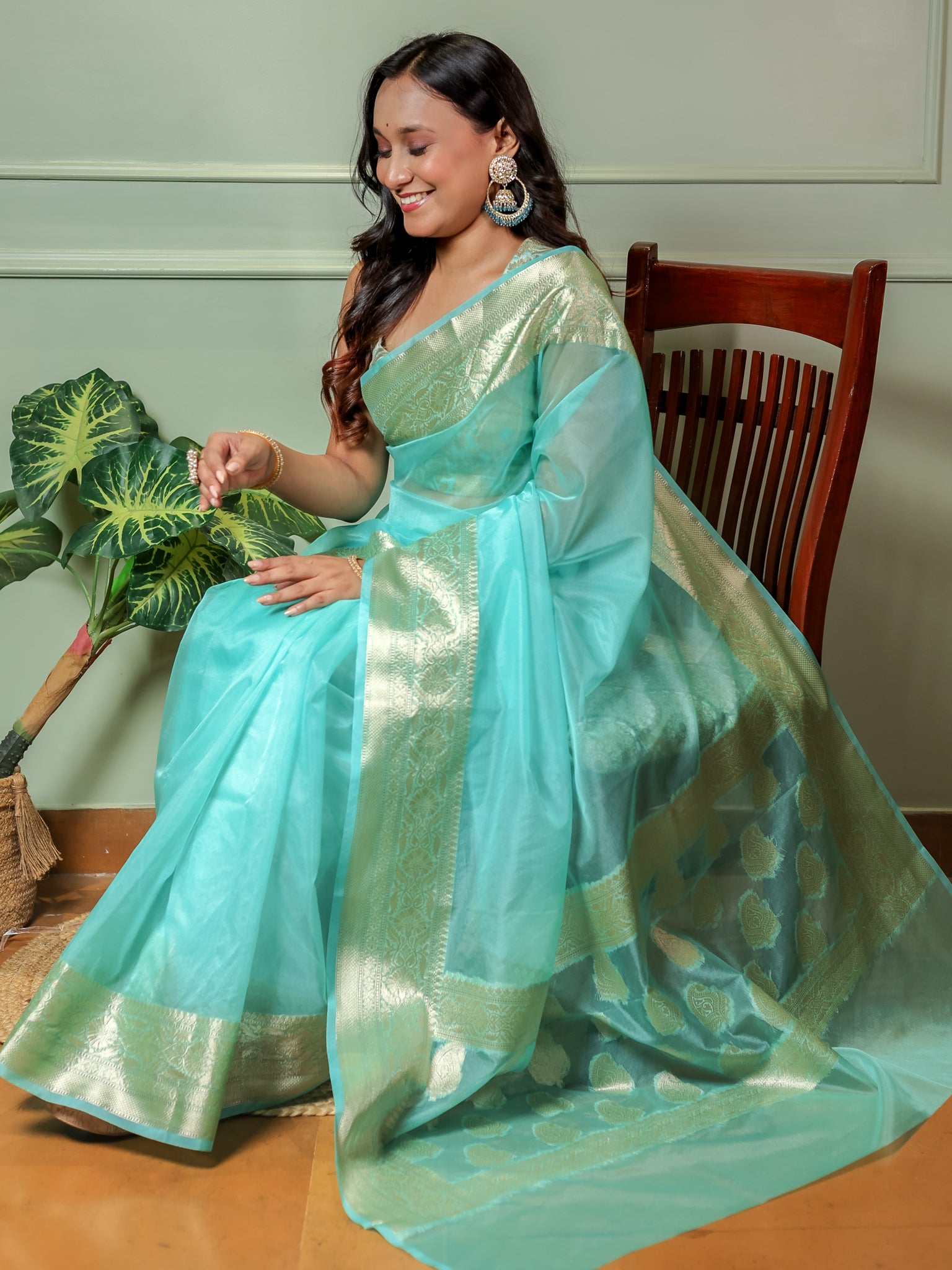 Banarasi Plain Organza Saree With Zari Border- Sky Blue