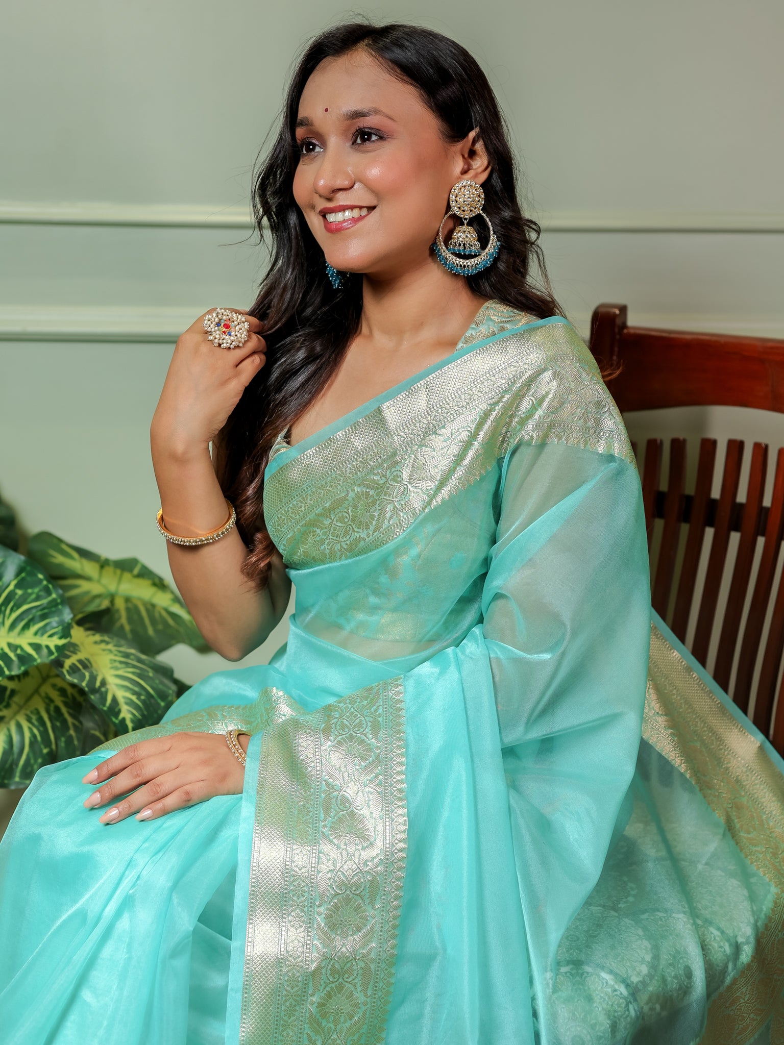 Banarasi Plain Organza Saree With Zari Border- Sky Blue