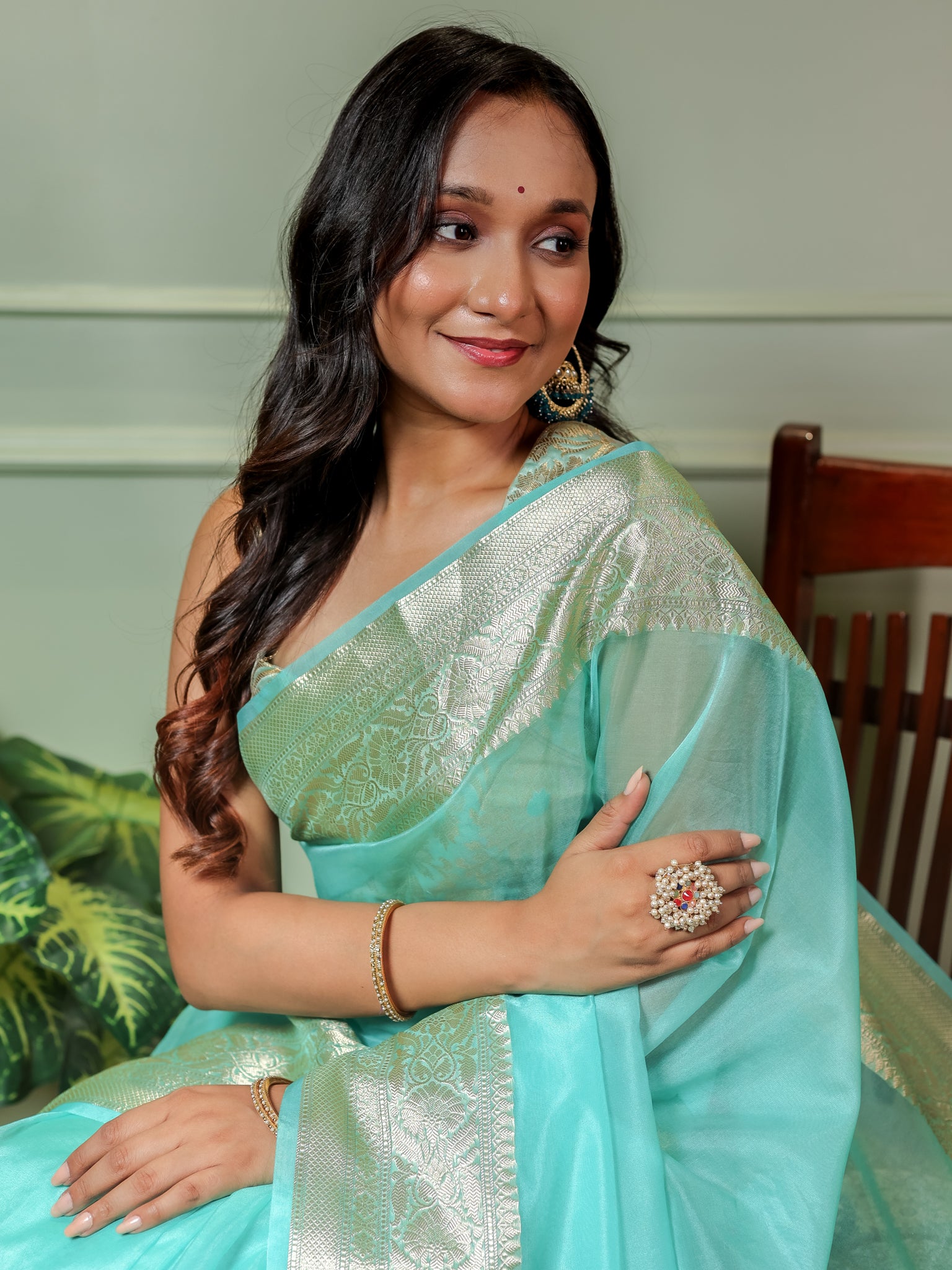 Banarasi Plain Organza Saree With Zari Border- Sky Blue