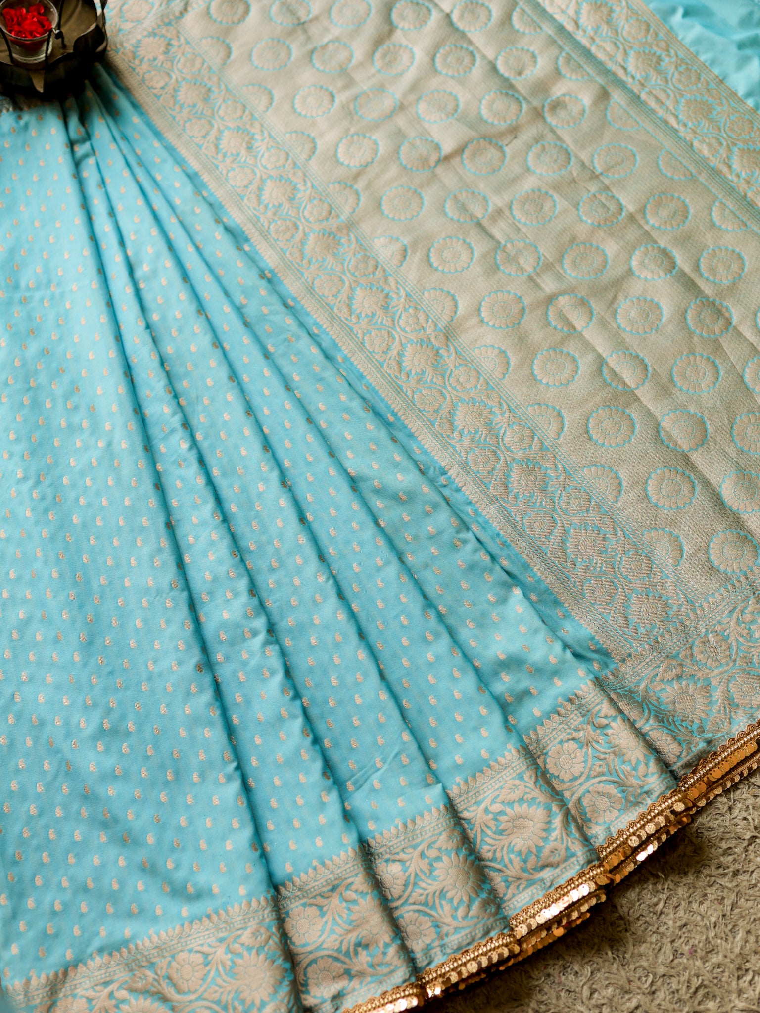 Banarasi Semi Silk Saree With Buti Weaving & Lace Border - Aqua Blue