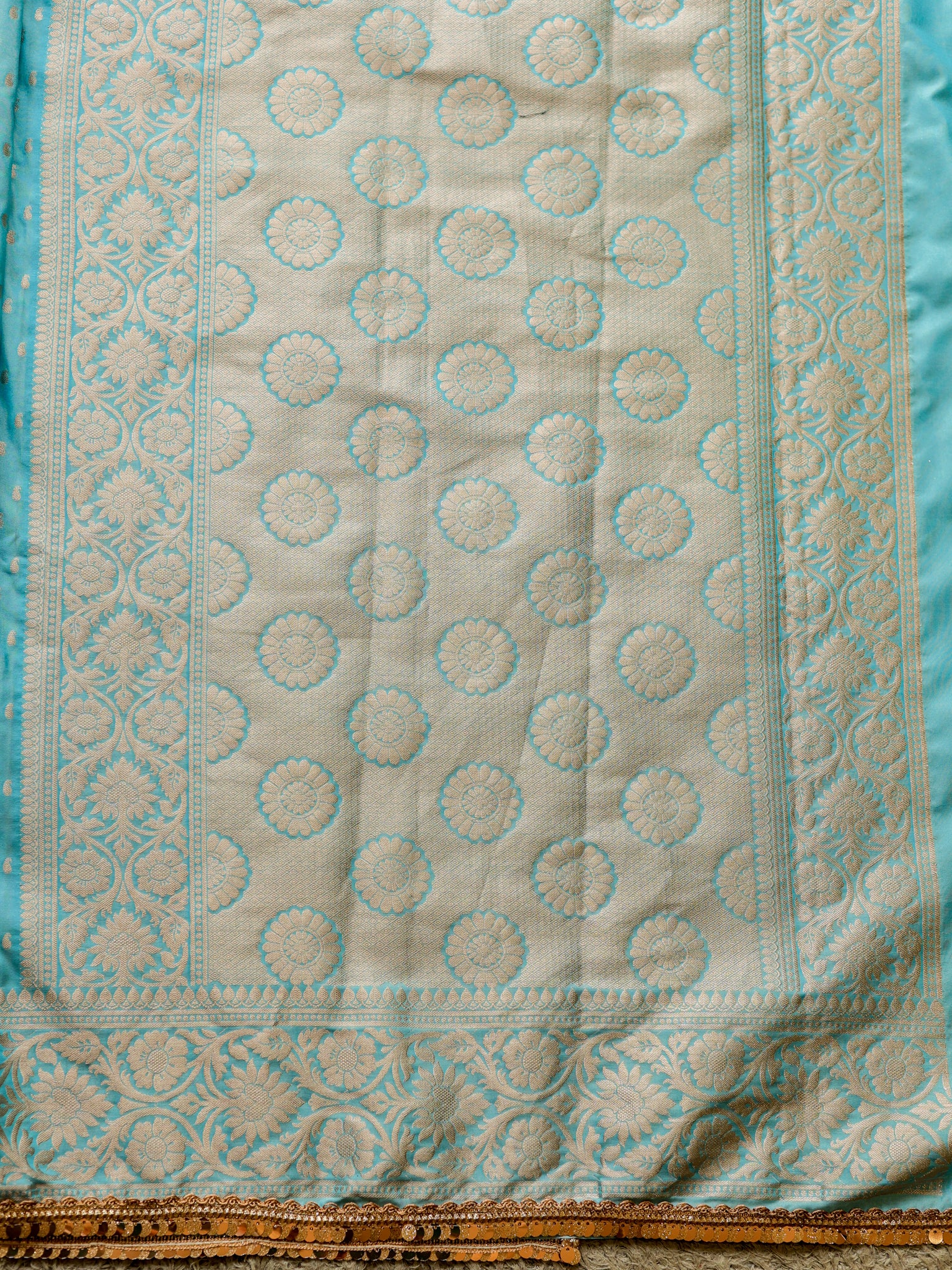 Banarasi Semi Silk Saree With Buti Weaving & Lace Border - Aqua Blue