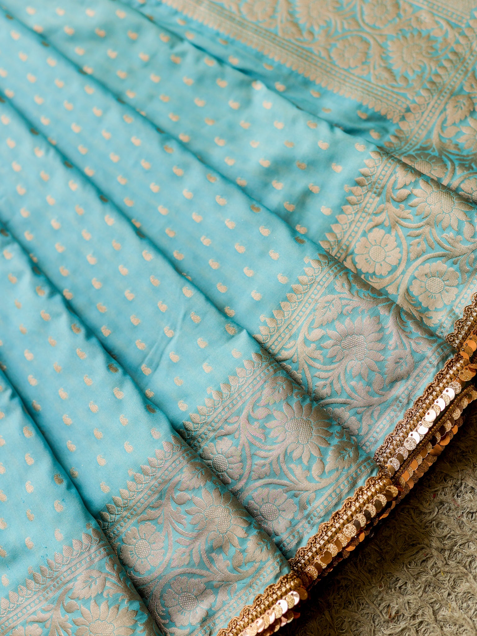 Banarasi Semi Silk Saree With Buti Weaving & Lace Border - Aqua Blue