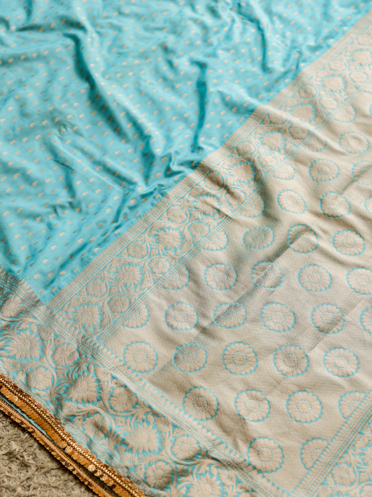 Banarasi Semi Silk Saree With Buti Weaving & Lace Border - Aqua Blue