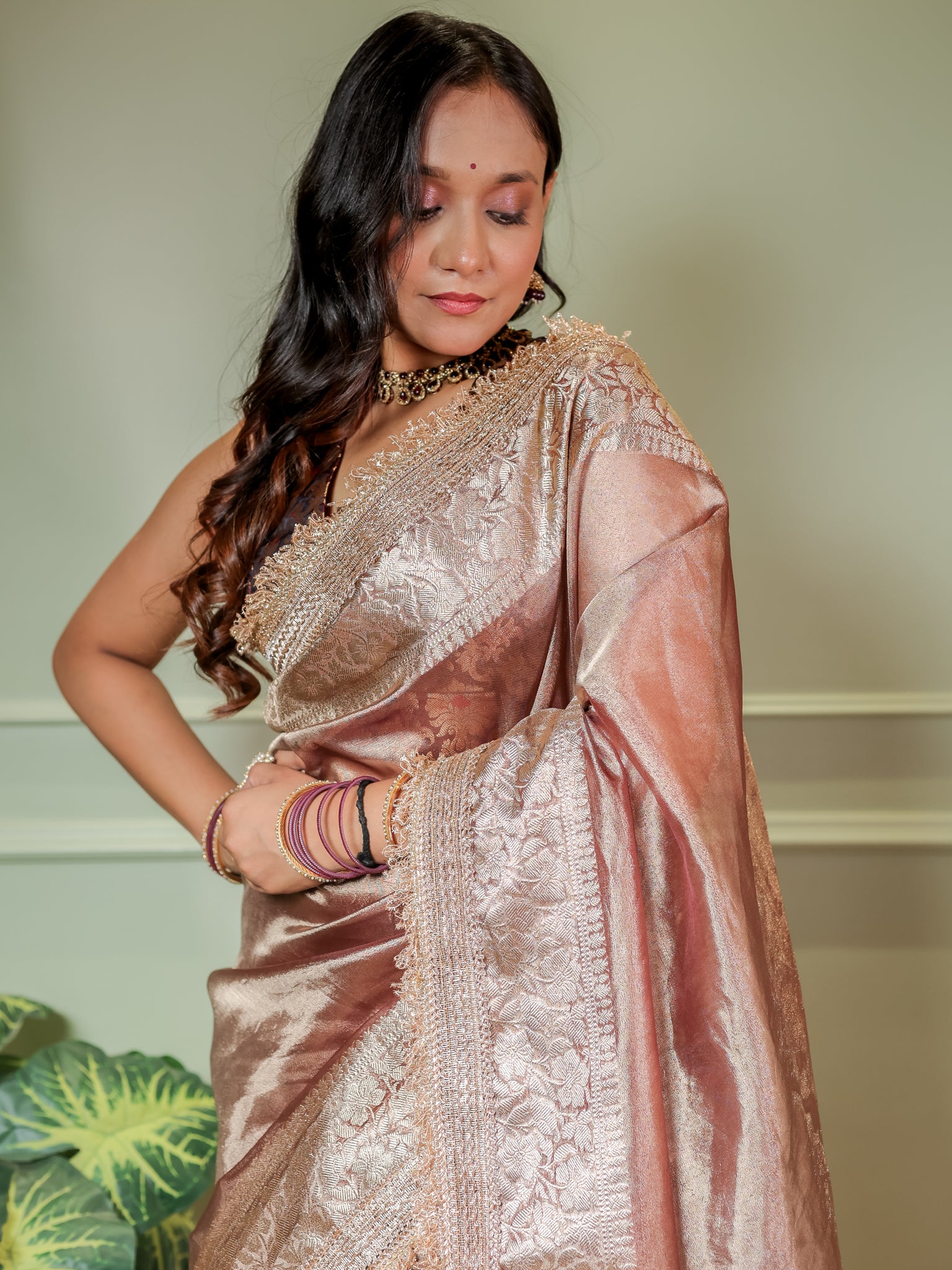 Banarasi Plain Tissue Saree With Lace Border- Metallic