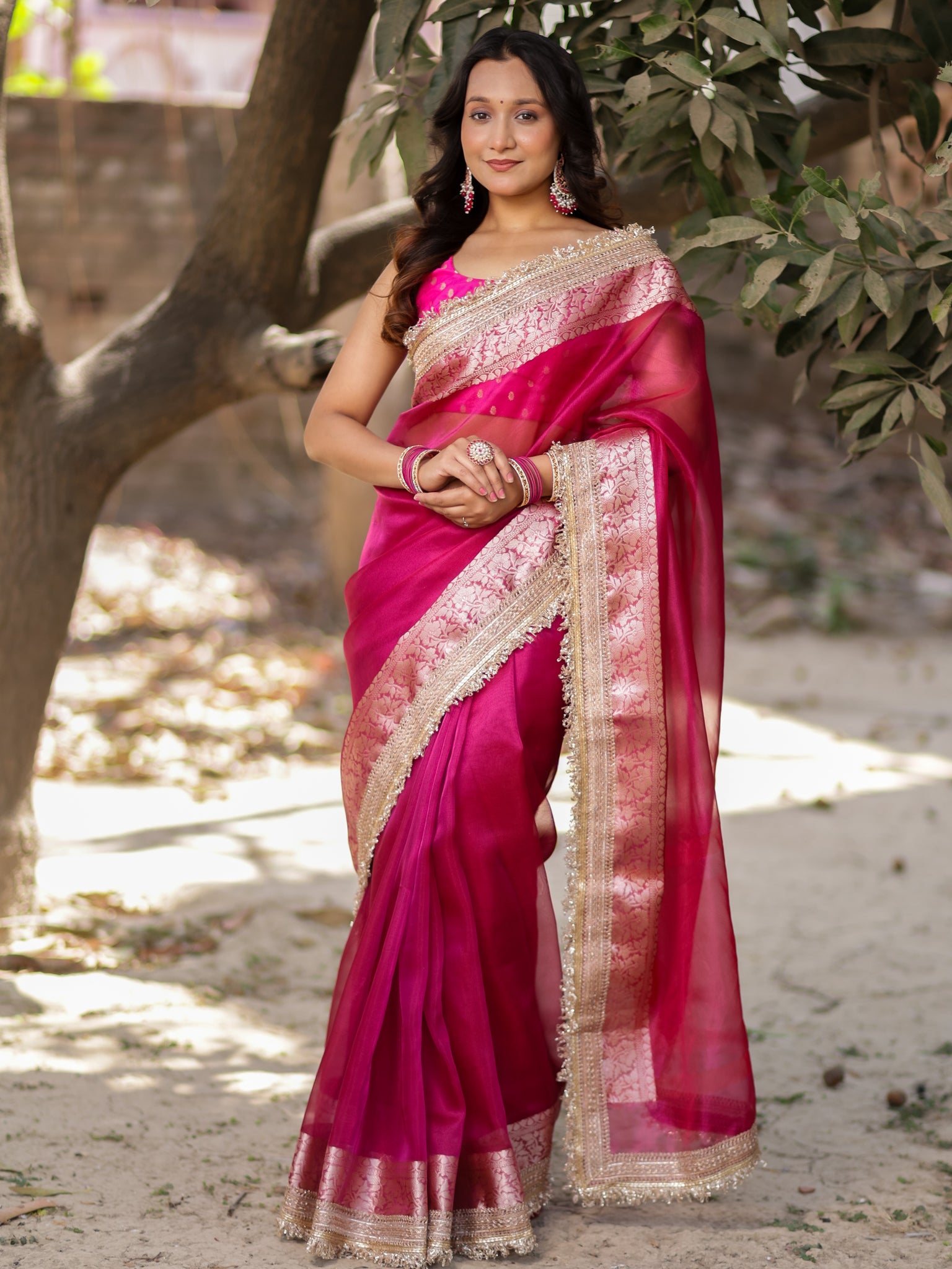 Banarasi Tissue Saree With Silver Zari & Lace Border - Magenta