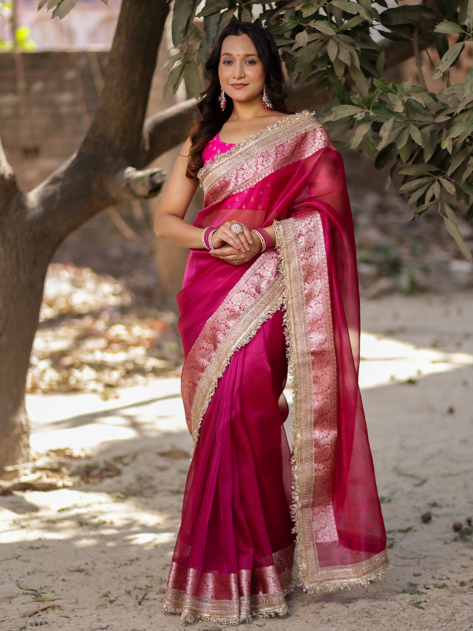 Banarasi Tissue Saree With Silver Zari & Lace Border - Magenta