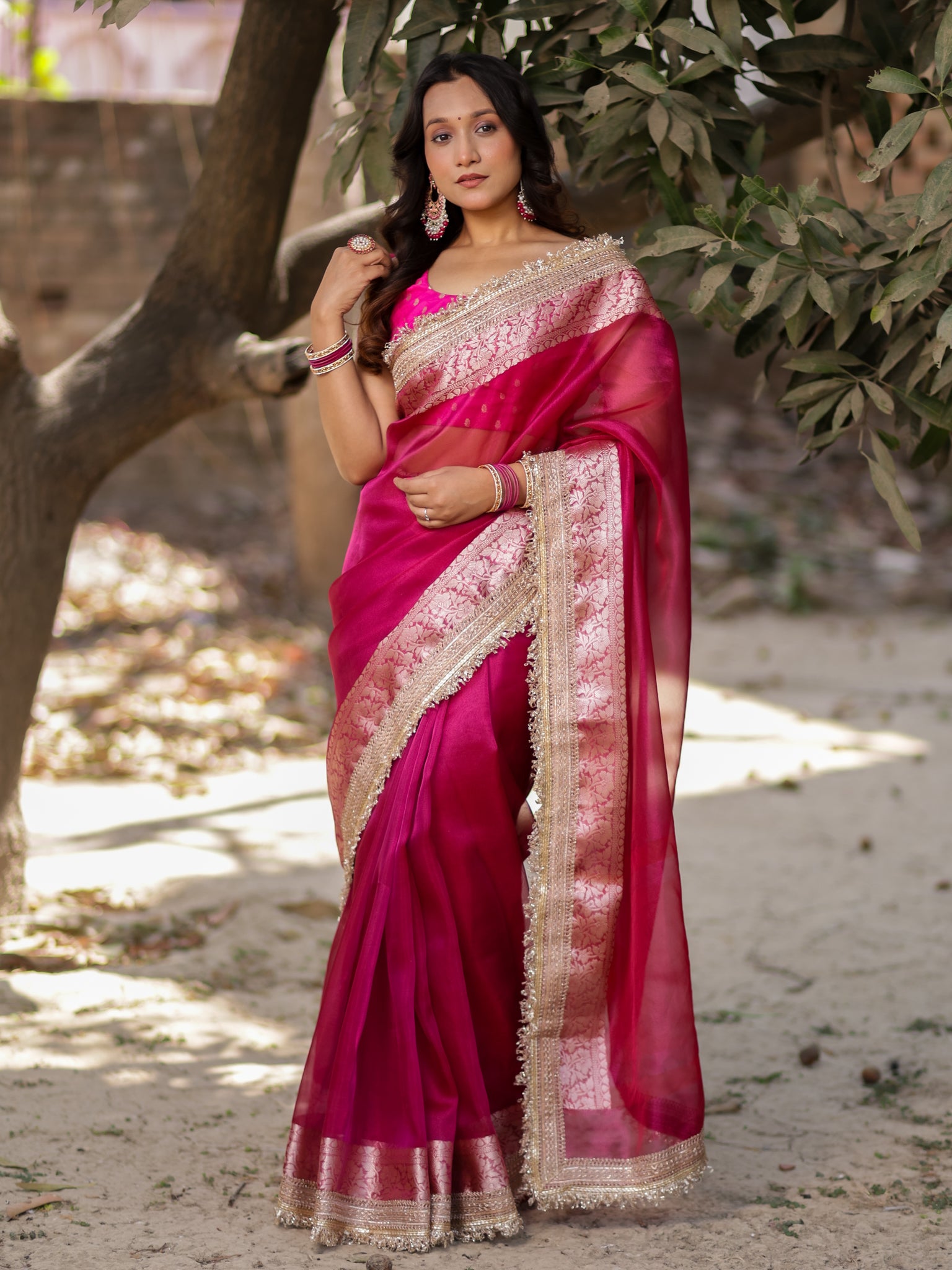 Banarasi Tissue Saree With Silver Zari & Lace Border - Magenta