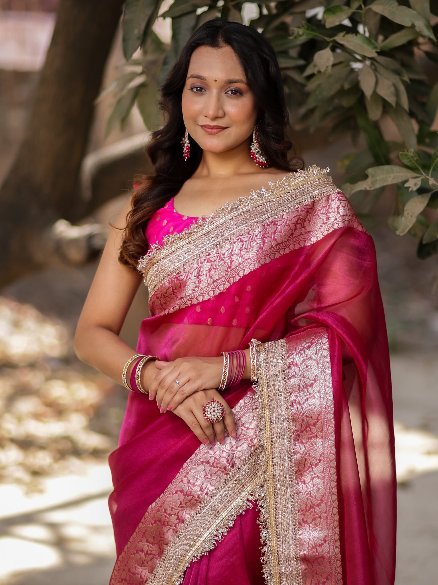 Banarasi Tissue Saree With Silver Zari & Lace Border - Magenta