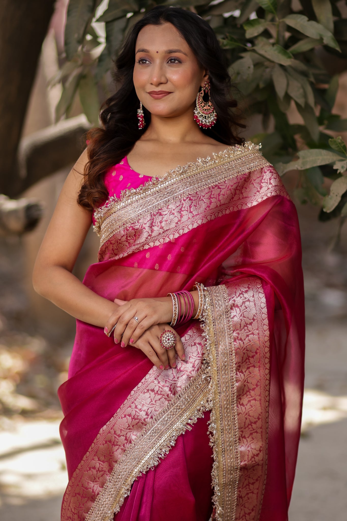 Banarasi Tissue Saree With Silver Zari & Lace Border - Magenta