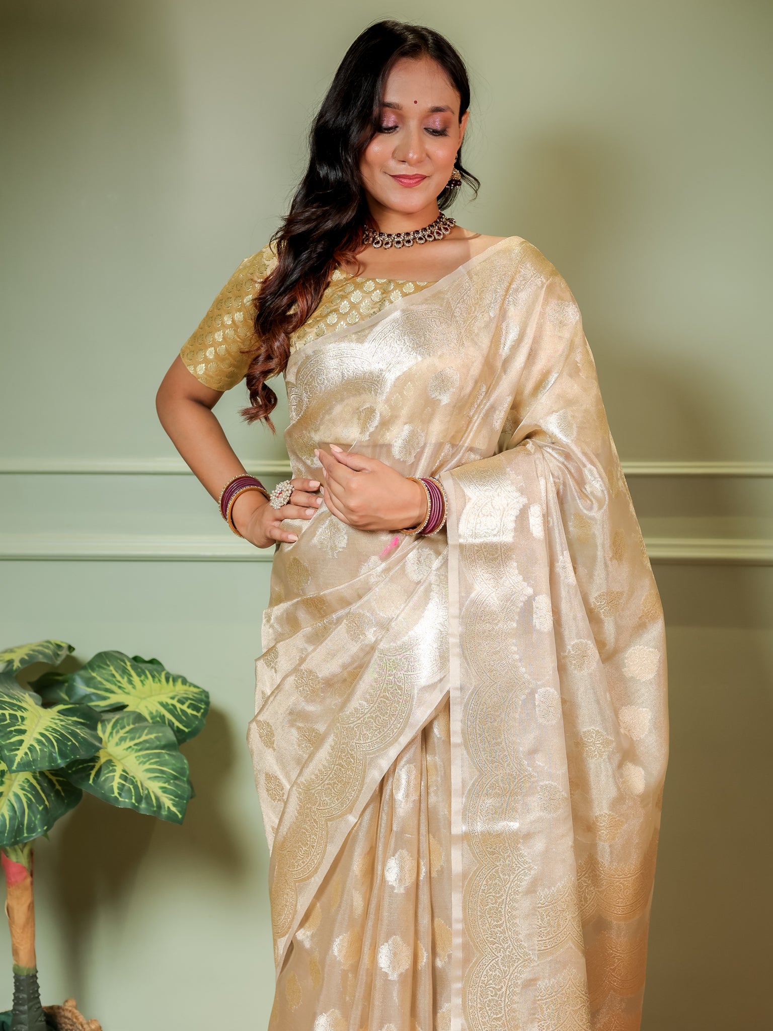 Banarasi Organza Saree With Zari Buta Weaving & Border- Beige