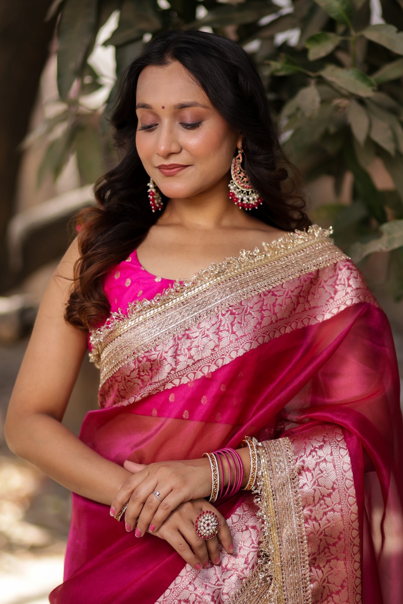 Banarasi Tissue Saree With Silver Zari & Lace Border - Magenta
