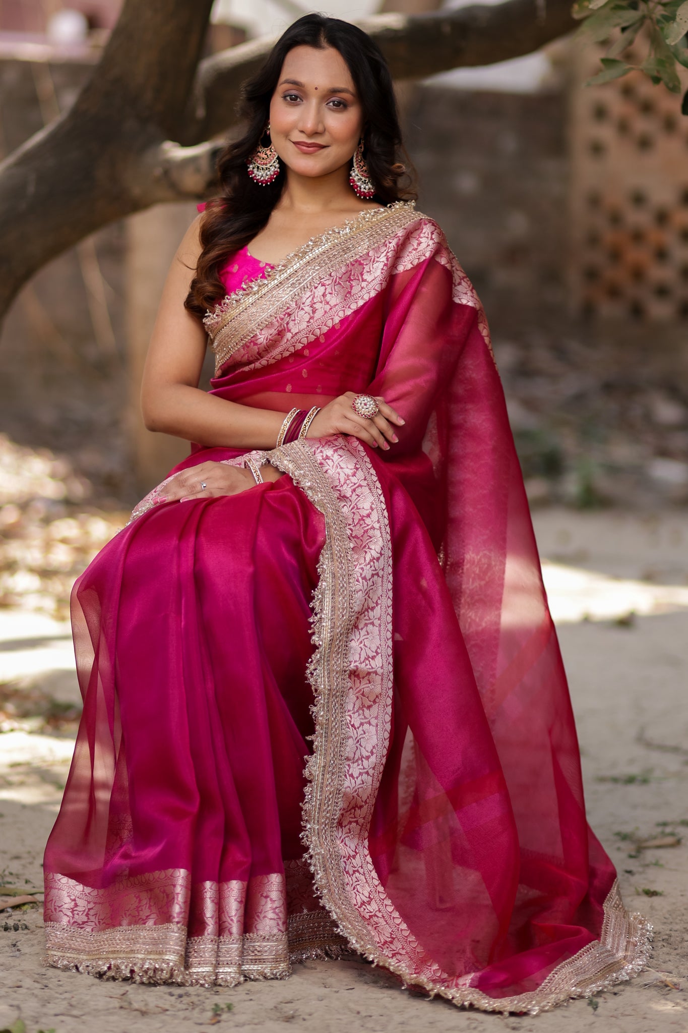 Banarasi Tissue Saree With Silver Zari & Lace Border - Magenta