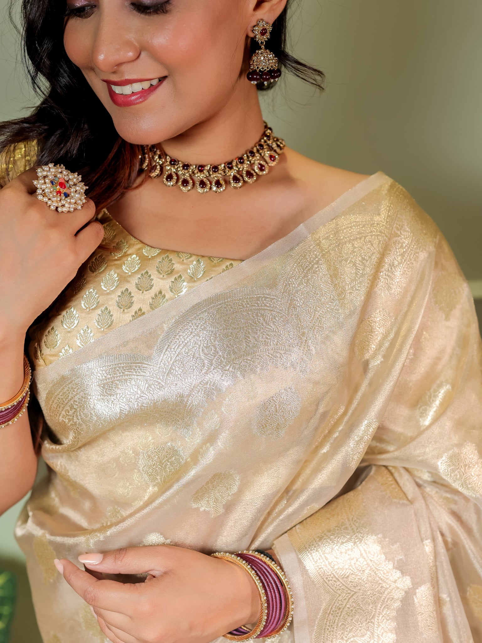 Banarasi Organza Saree With Zari Buta Weaving & Border- Beige