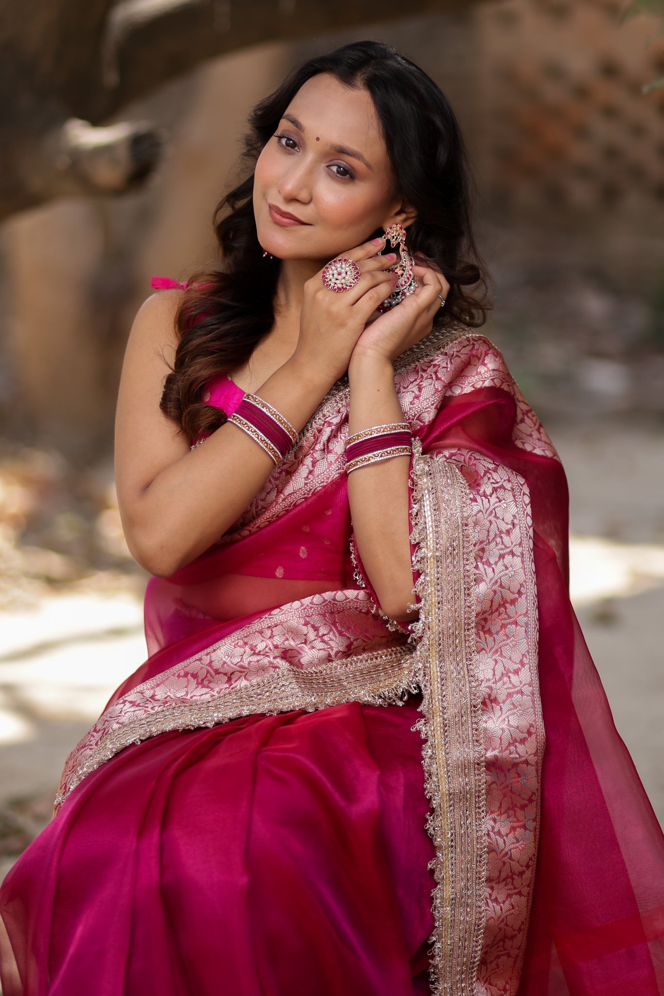 Banarasi Tissue Saree With Silver Zari & Lace Border - Magenta