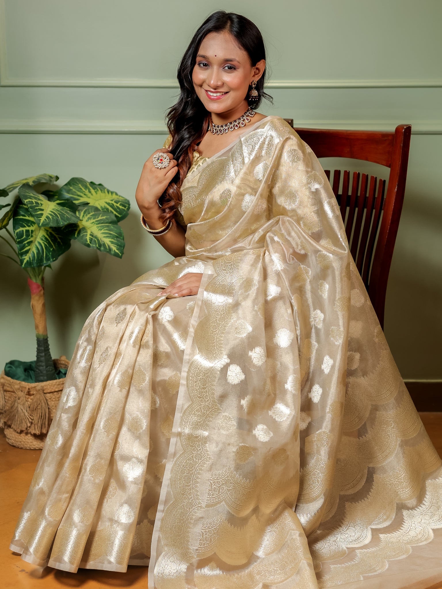 Banarasi Organza Saree With Zari Buta Weaving & Border- Beige