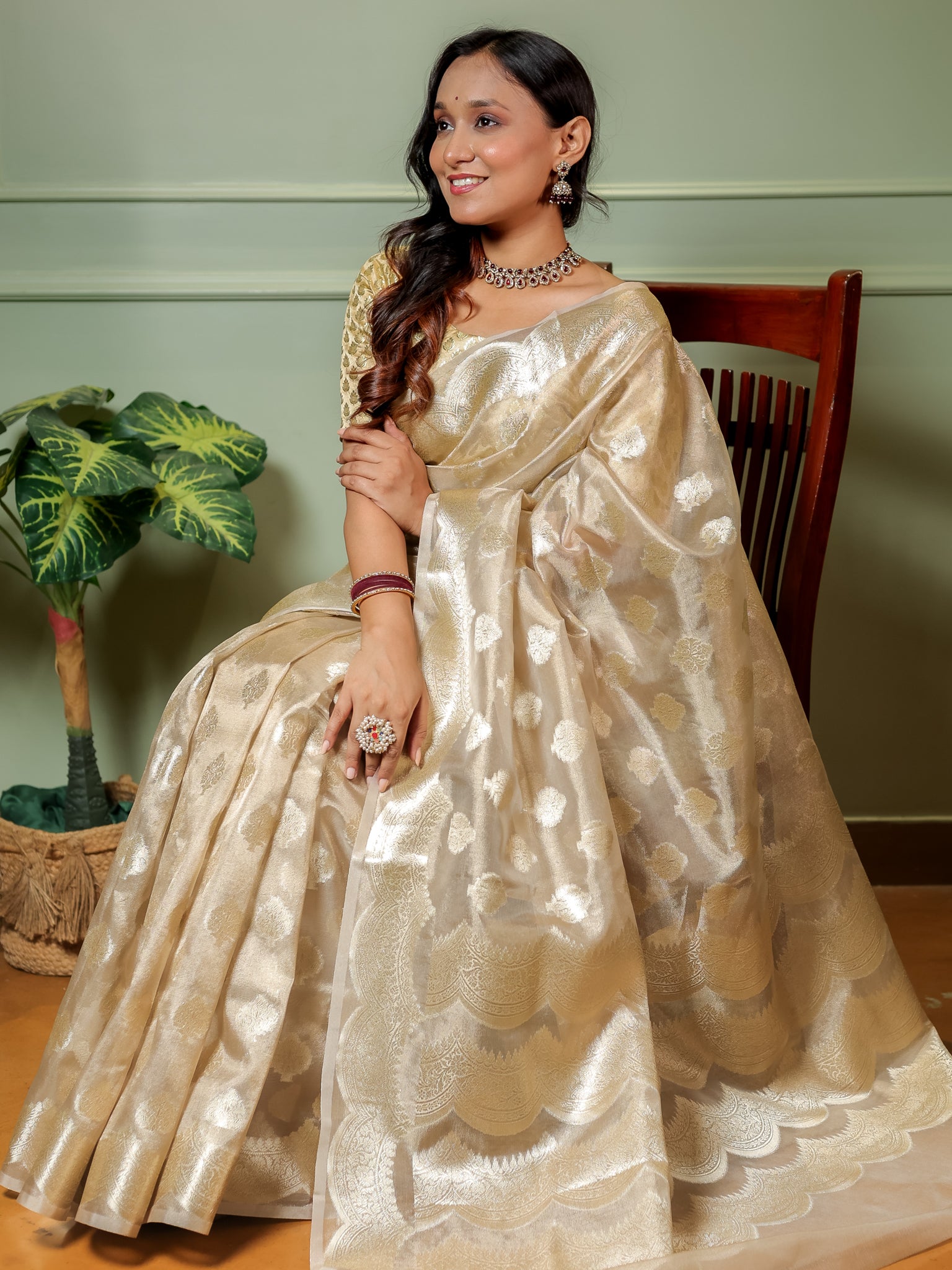 Banarasi Organza Saree With Zari Buta Weaving & Border- Beige