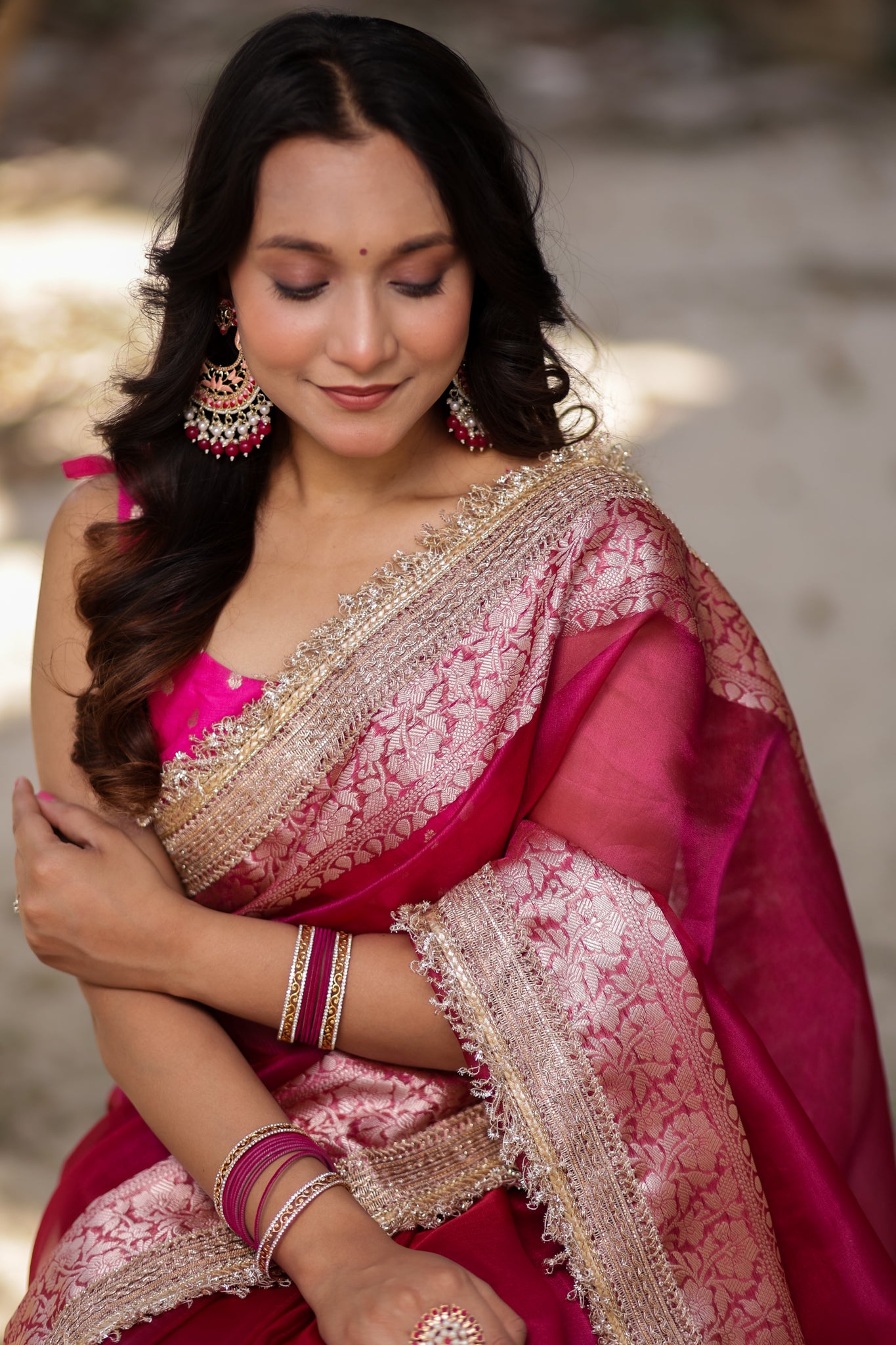 Banarasi Tissue Saree With Silver Zari & Lace Border - Magenta