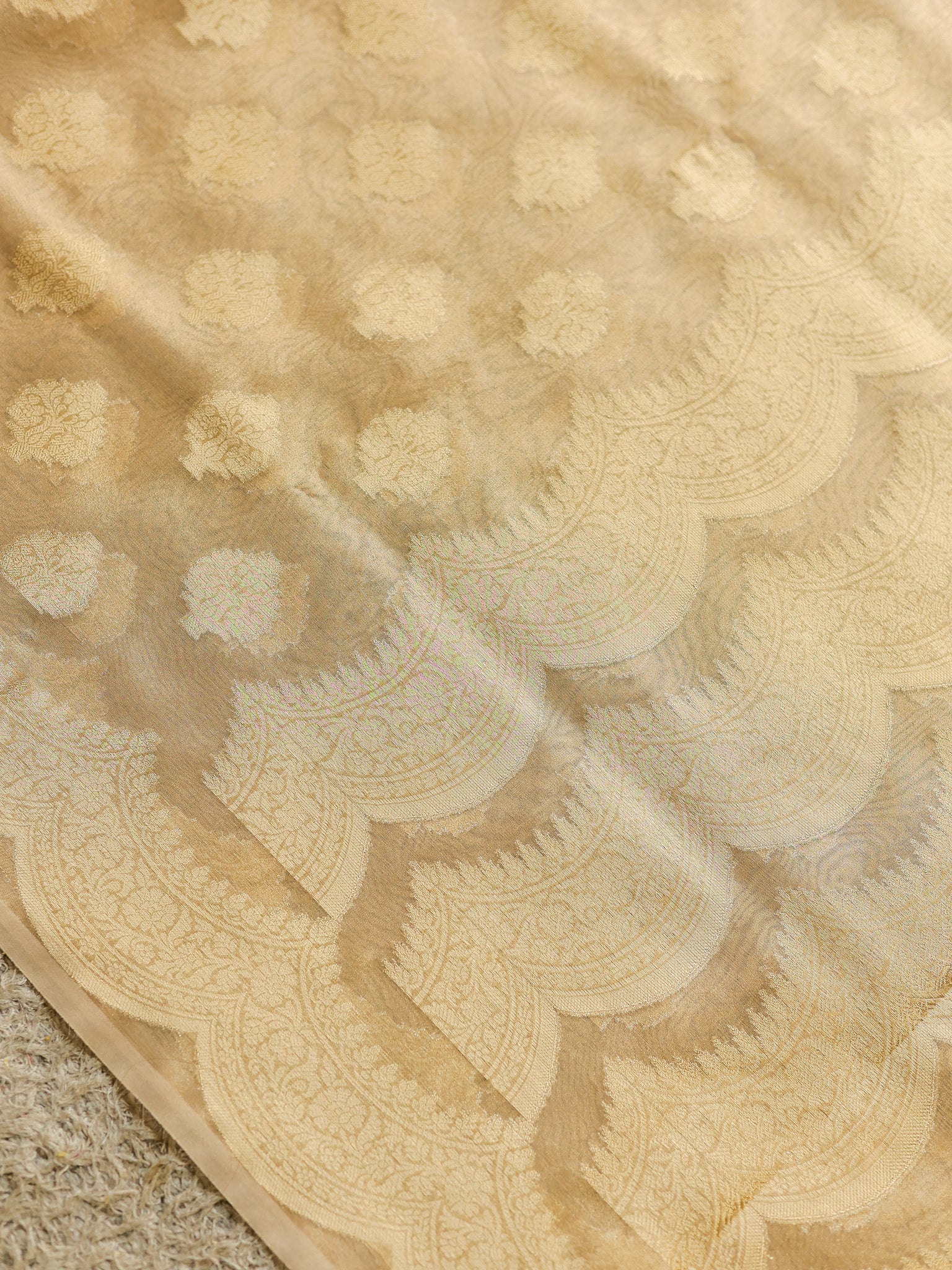 Banarasi Organza Saree With Zari Buta Weaving & Border- Beige