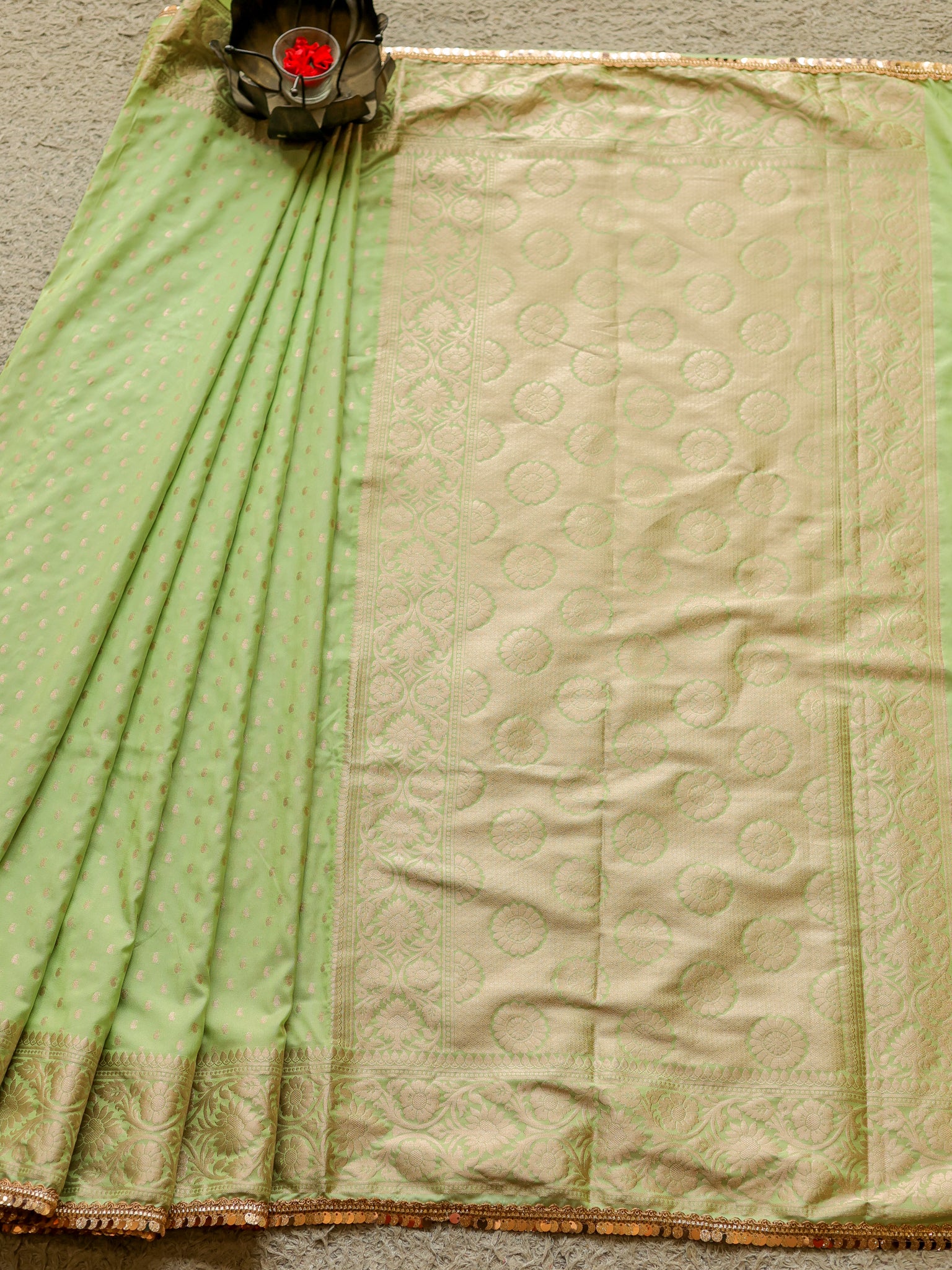 Banarasi Semi Silk Saree With Buti Weaving & Lace Border - Green