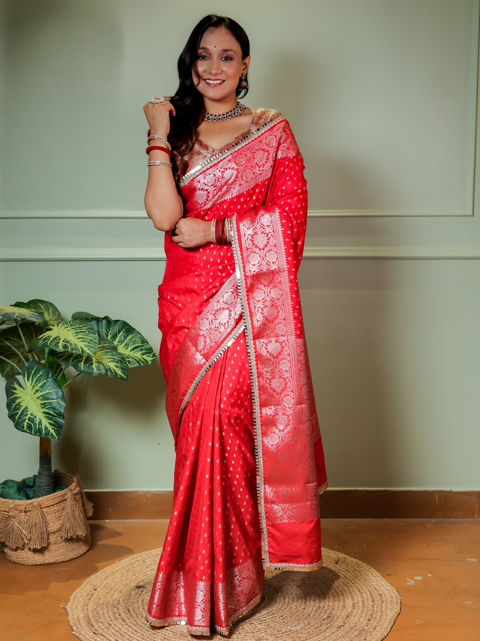 Banarasi Semi Silk Saree With Buti Weaving & Lace Border - Red