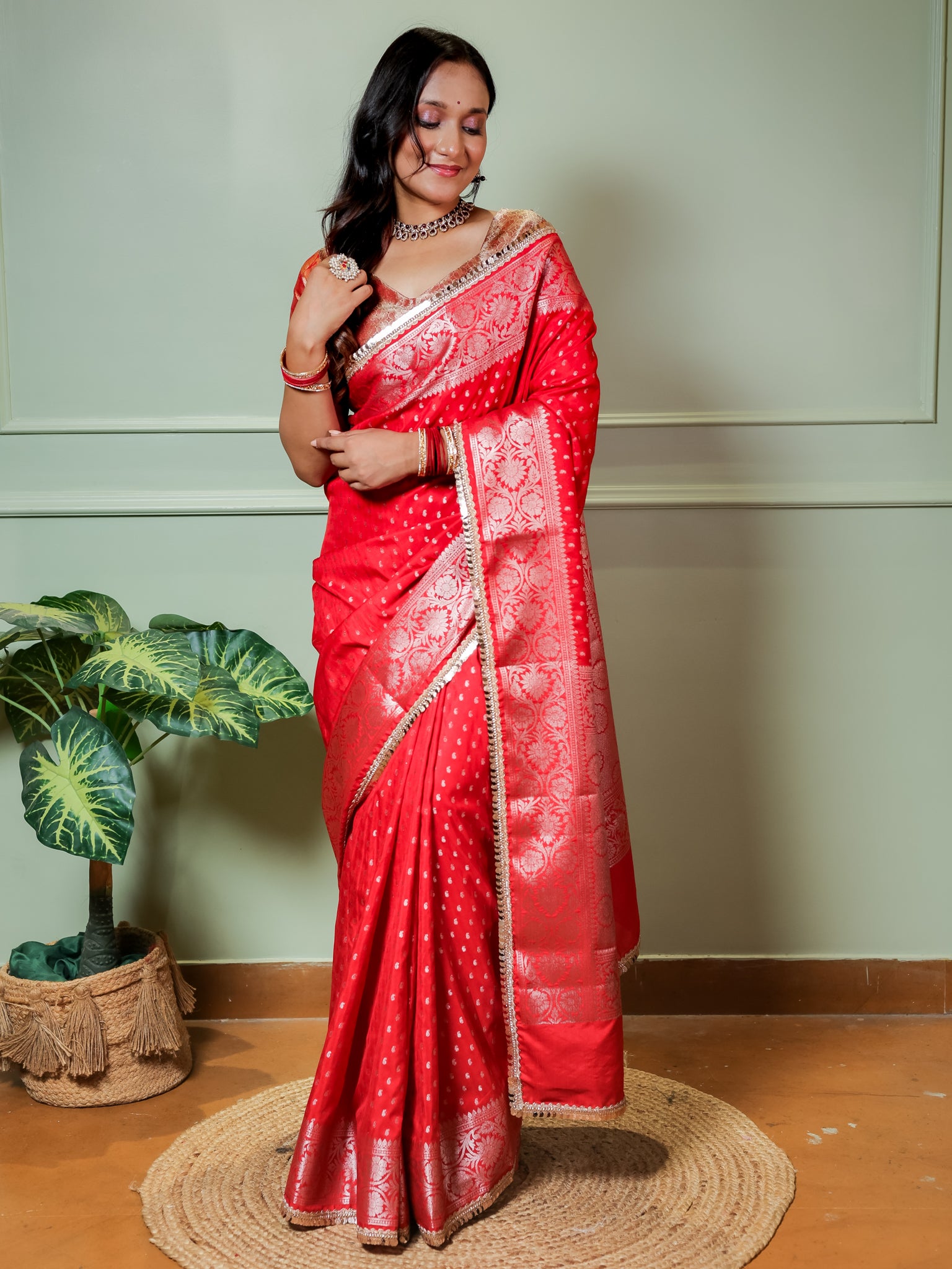 Banarasi Semi Silk Saree With Buti Weaving & Lace Border - Red