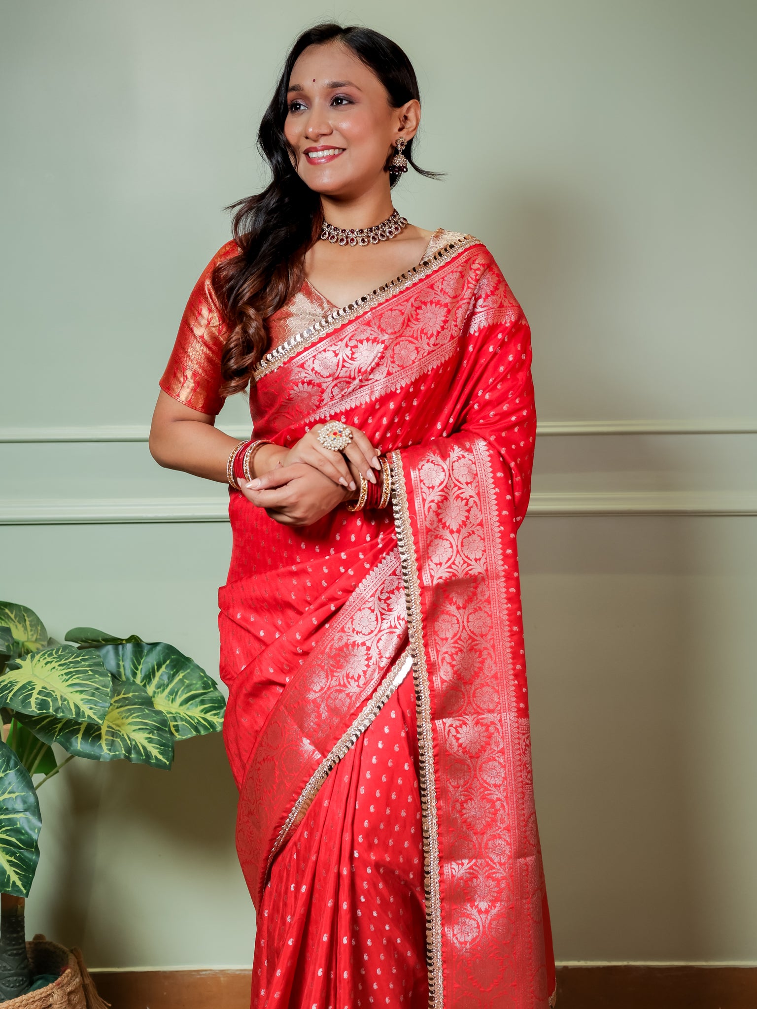 Banarasi Semi Silk Saree With Buti Weaving & Lace Border - Red