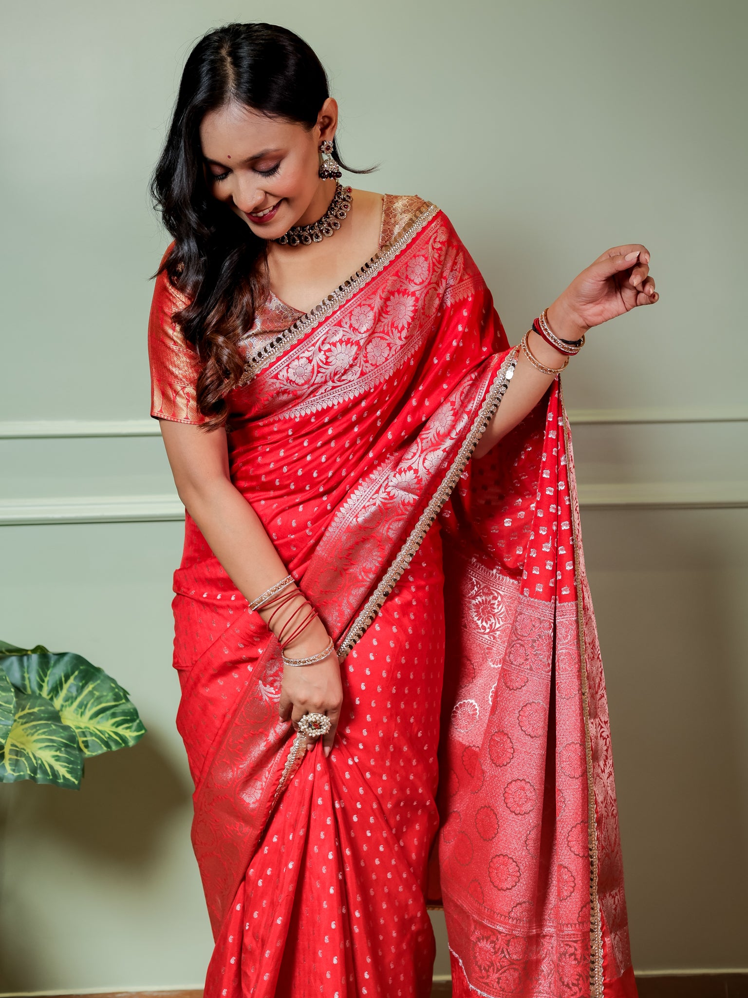 Banarasi Semi Silk Saree With Buti Weaving & Lace Border - Red