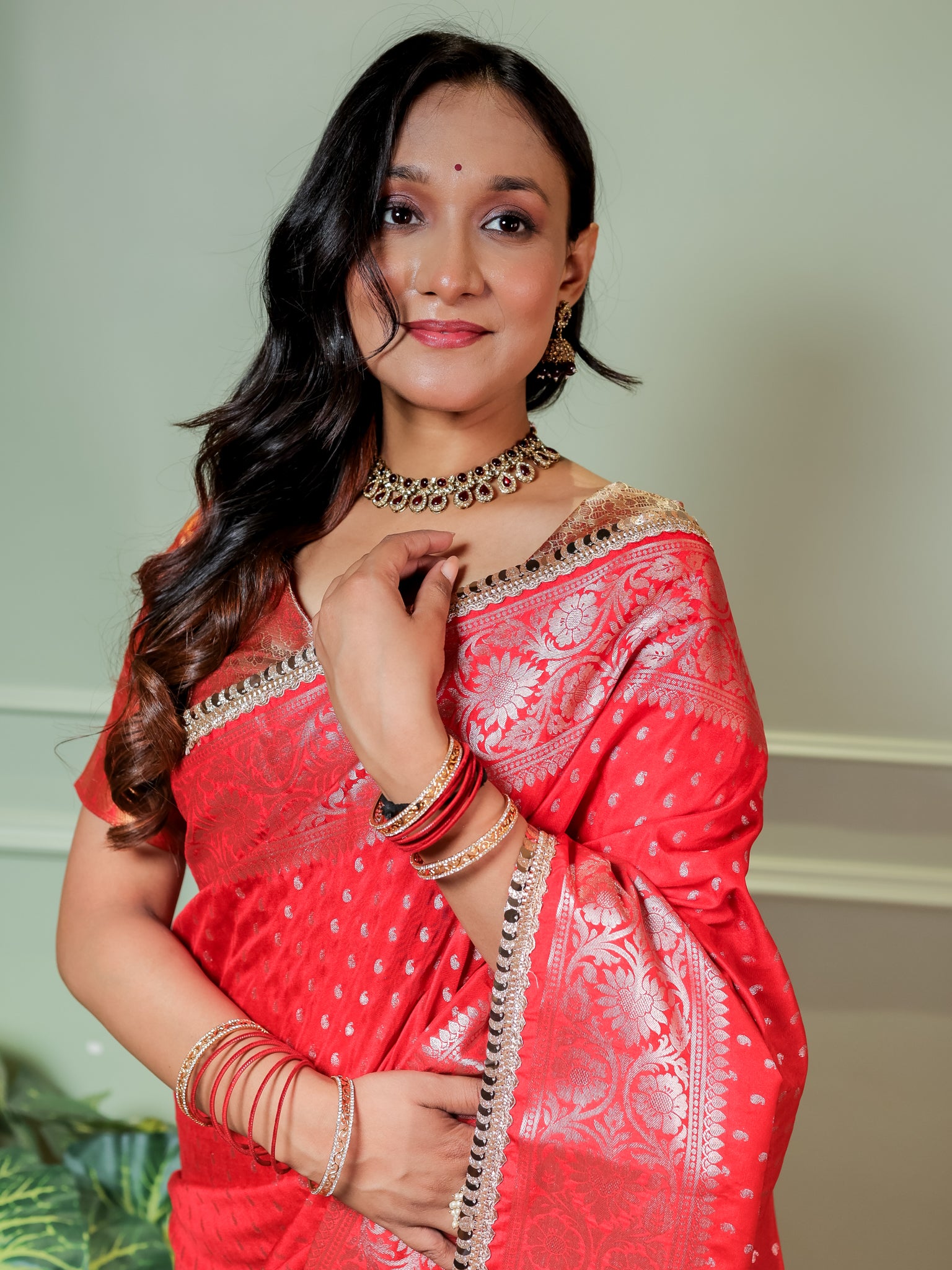 Banarasi Semi Silk Saree With Buti Weaving & Lace Border - Red