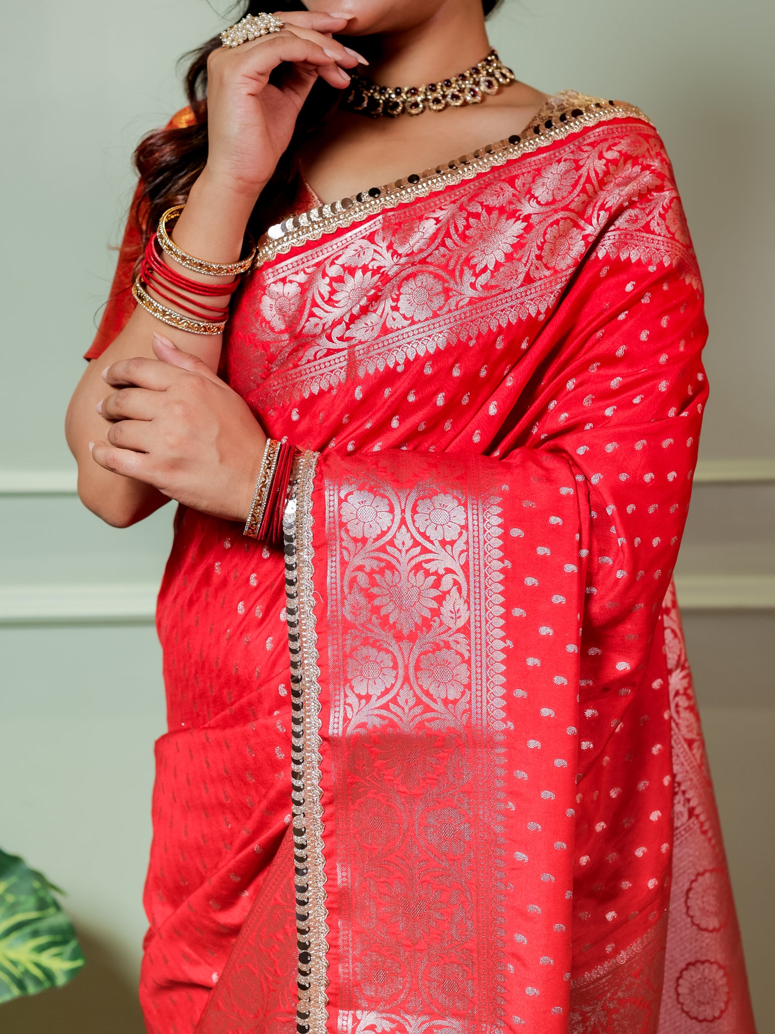 Banarasi Semi Silk Saree With Buti Weaving & Lace Border - Red