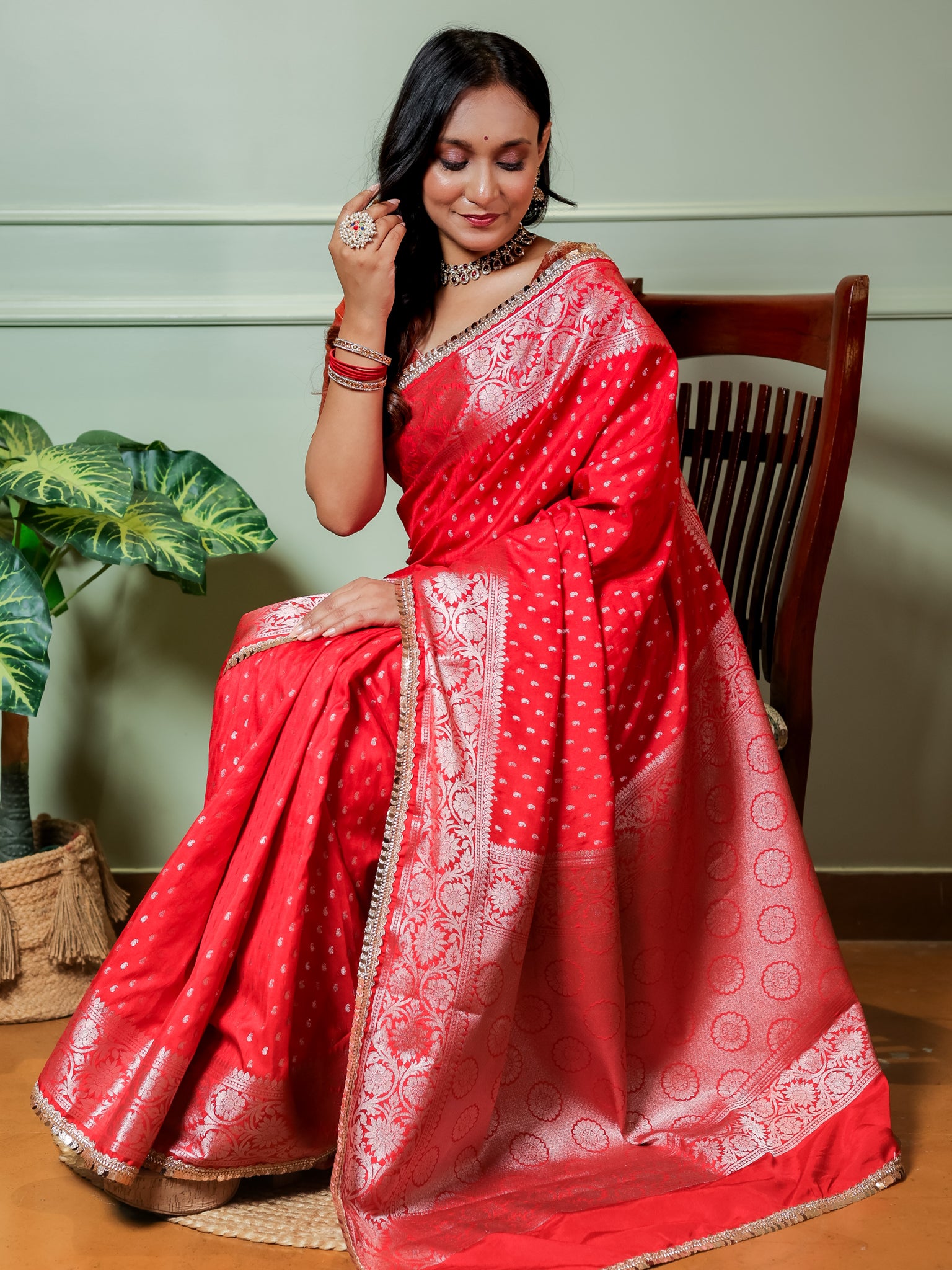 Banarasi Semi Silk Saree With Buti Weaving & Lace Border - Red
