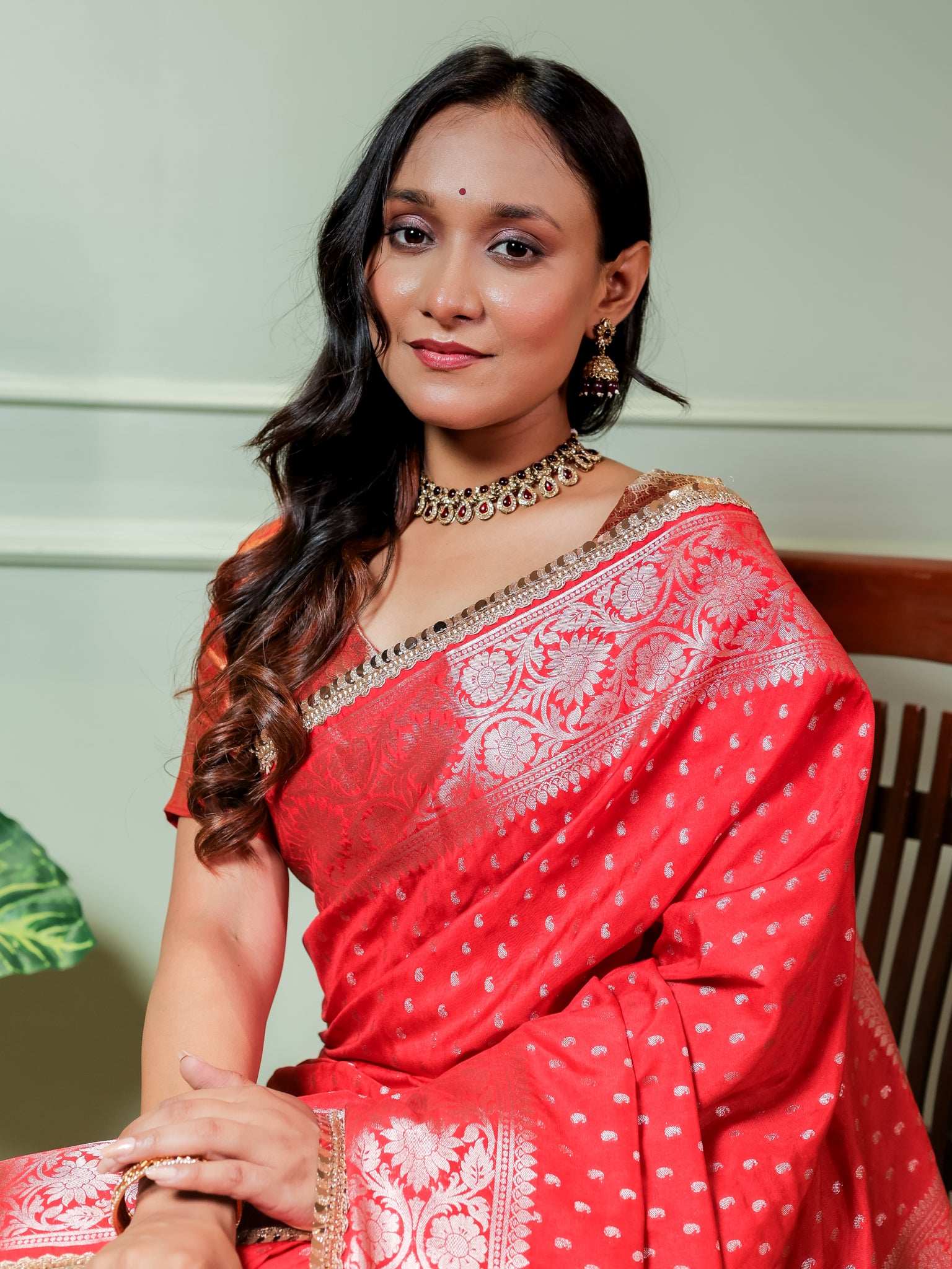 Banarasi Semi Silk Saree With Buti Weaving & Lace Border - Red