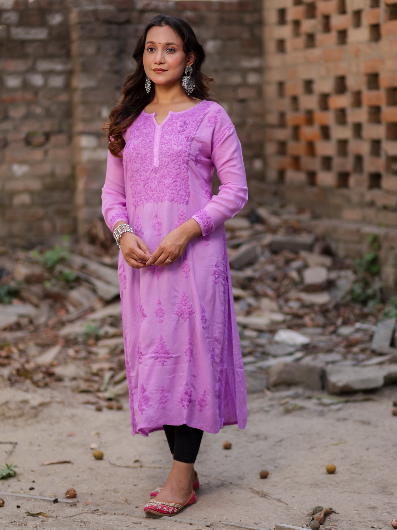 Readymade Floral Self Chikankari Modal Kurti-Purple