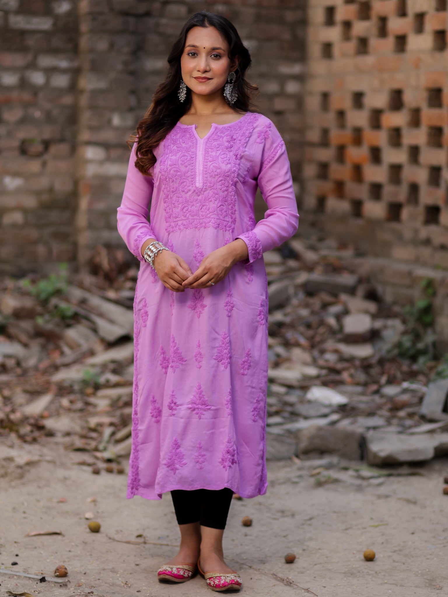 Readymade Floral Self Chikankari Modal Kurti-Purple