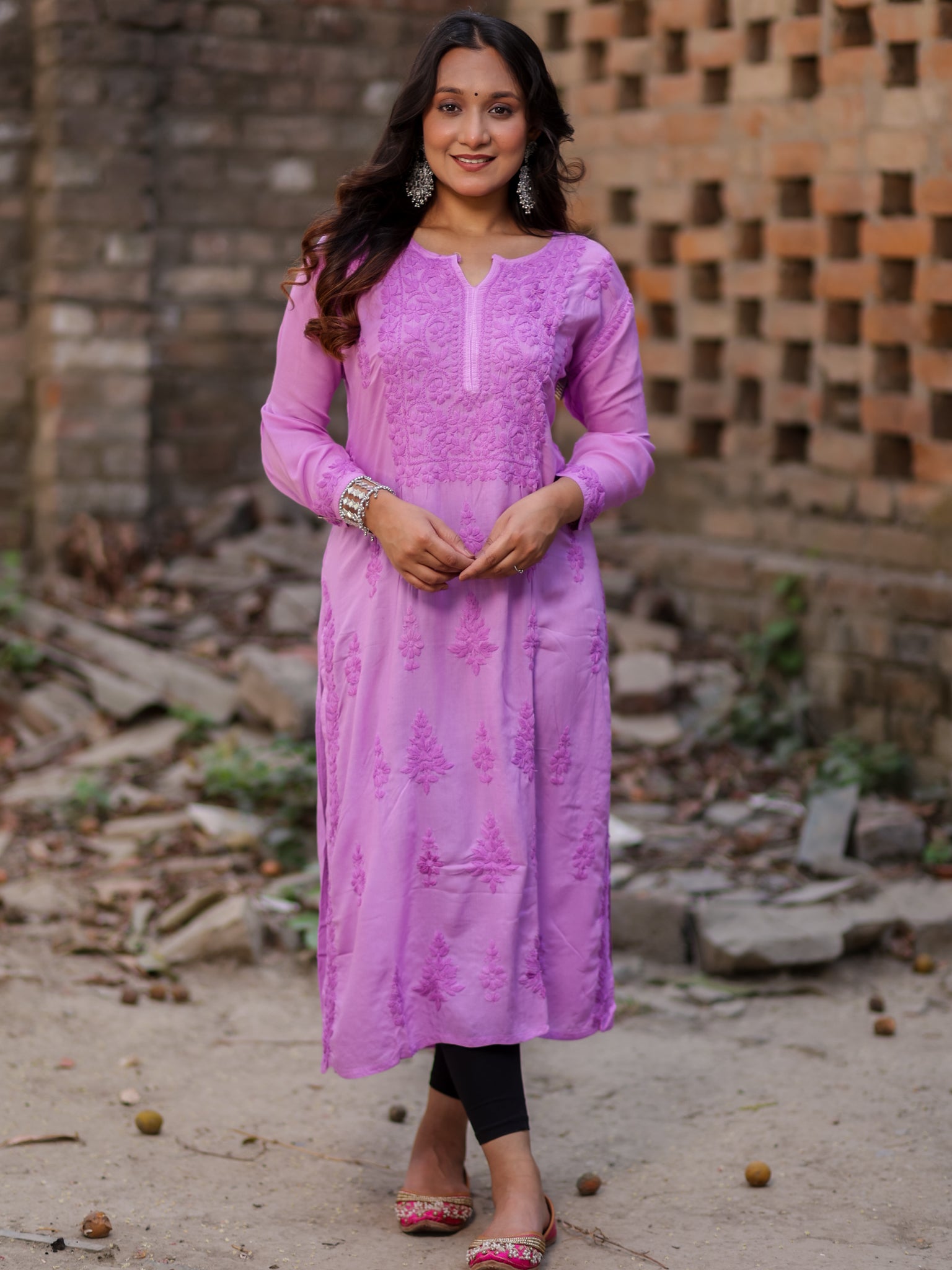 Readymade Floral Self Chikankari Modal Kurti-Purple