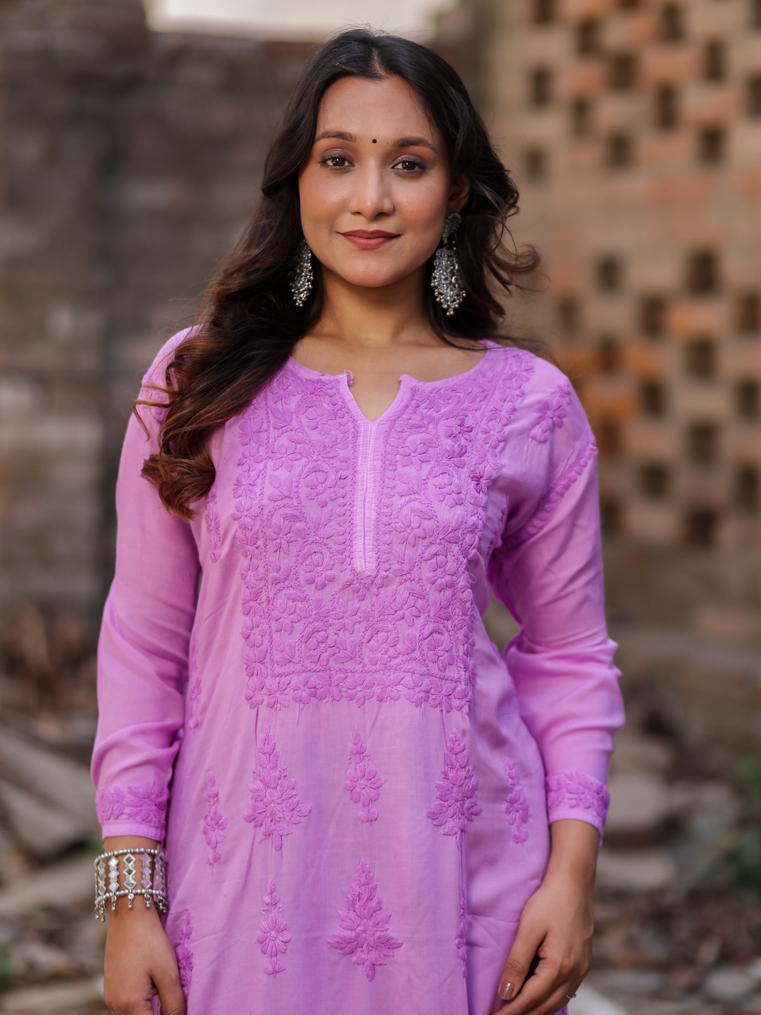 Readymade Floral Self Chikankari Modal Kurti-Purple