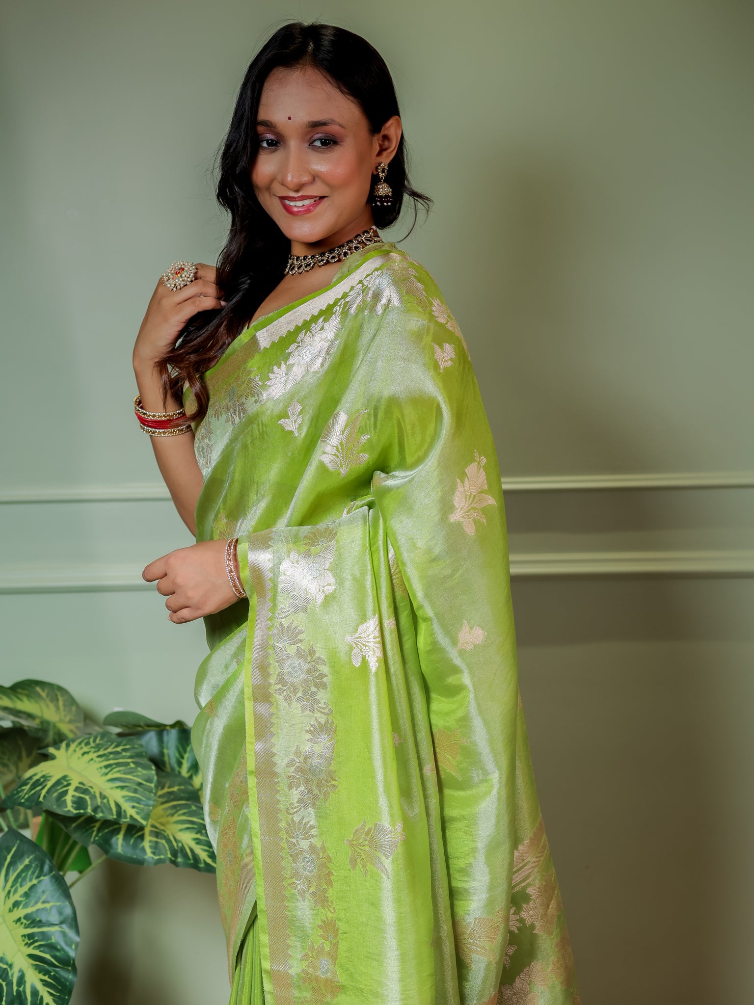 Banarasi Dual Tone Tissue Saree With Border - Green