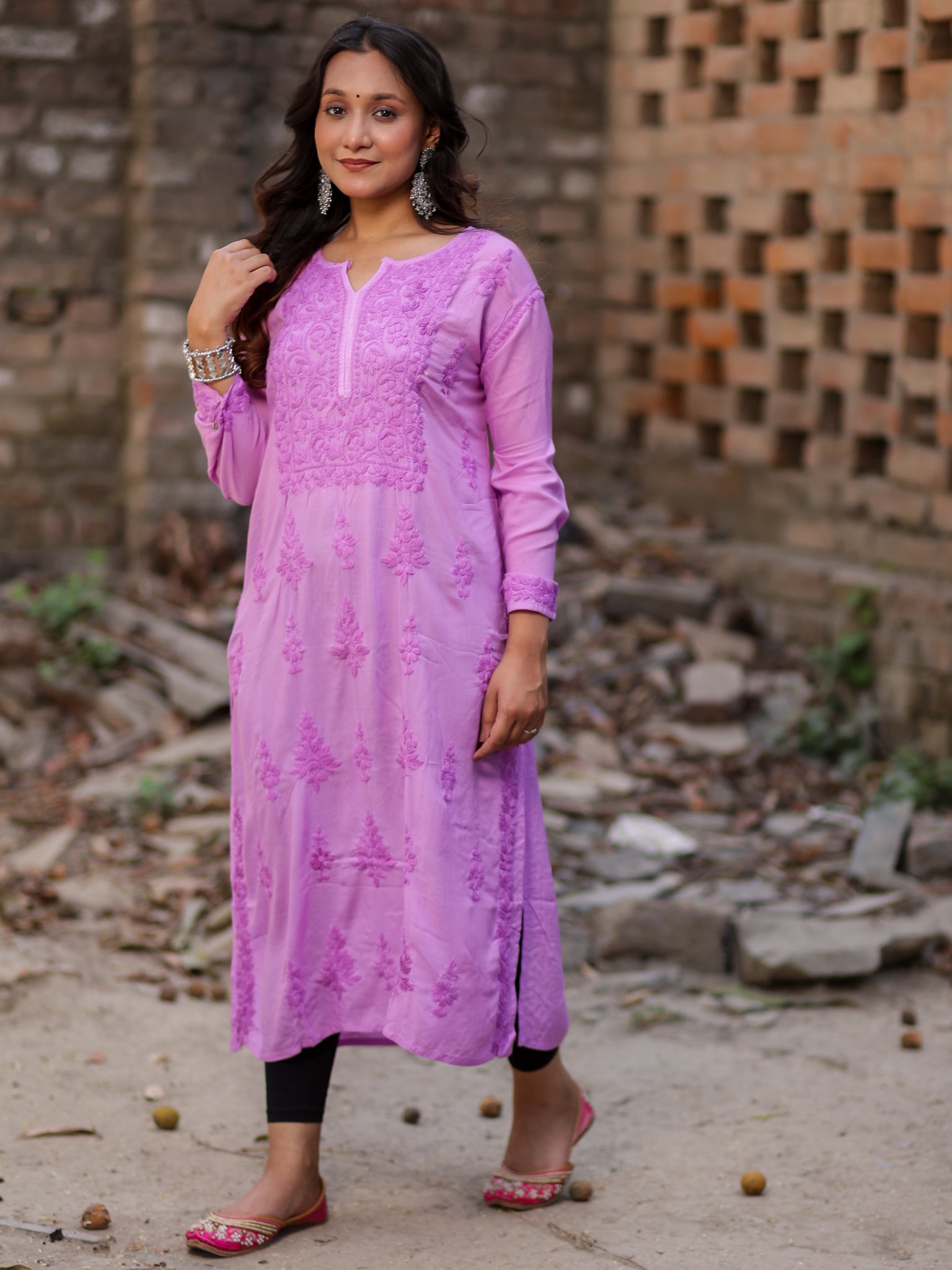 Readymade Floral Self Chikankari Modal Kurti-Purple