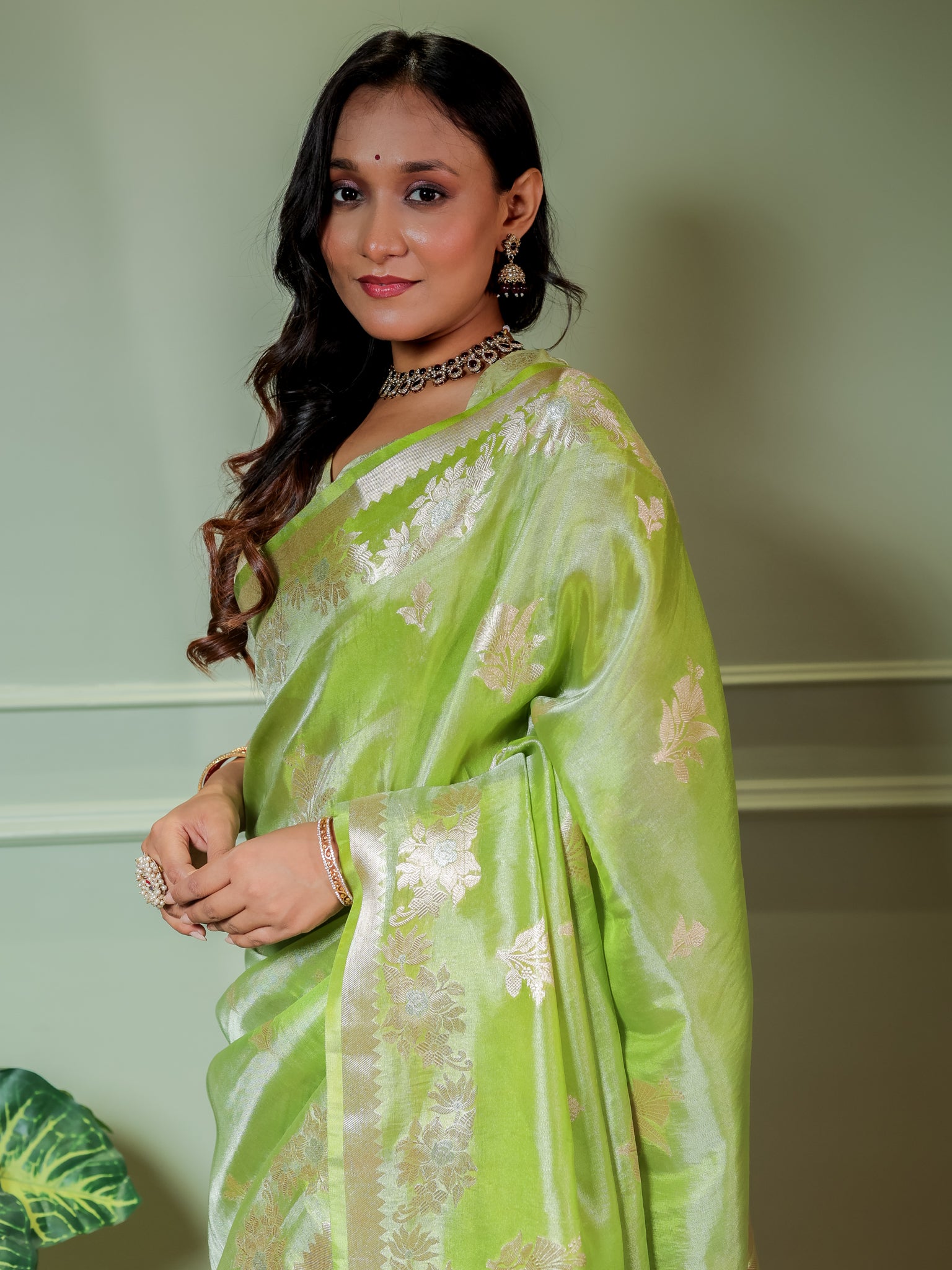 Banarasi Dual Tone Tissue Saree With Border - Green