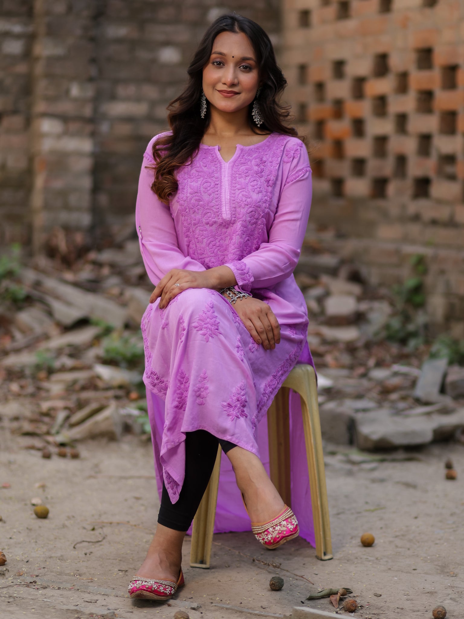 Readymade Floral Self Chikankari Modal Kurti-Purple