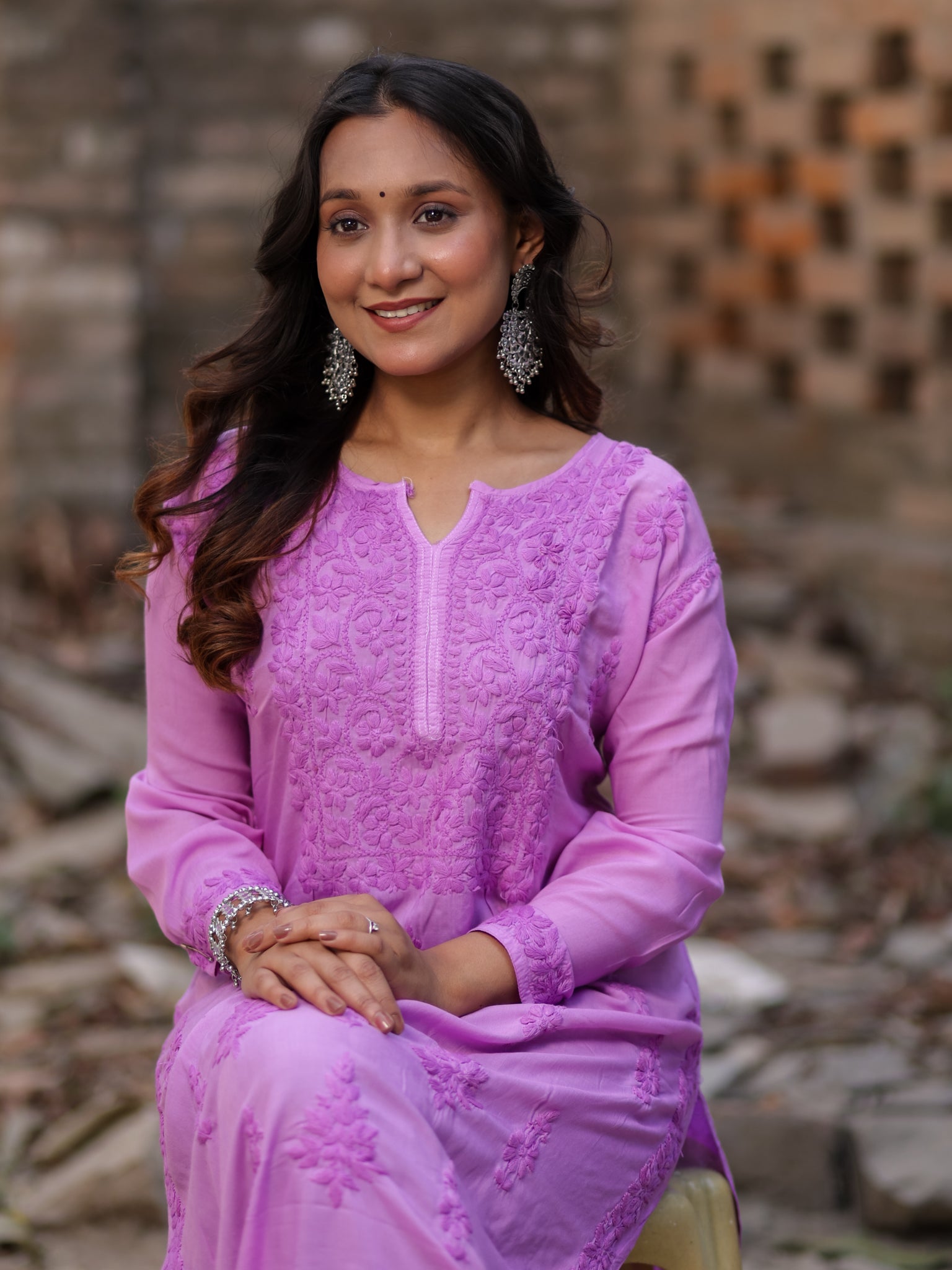 Readymade Floral Self Chikankari Modal Kurti-Purple